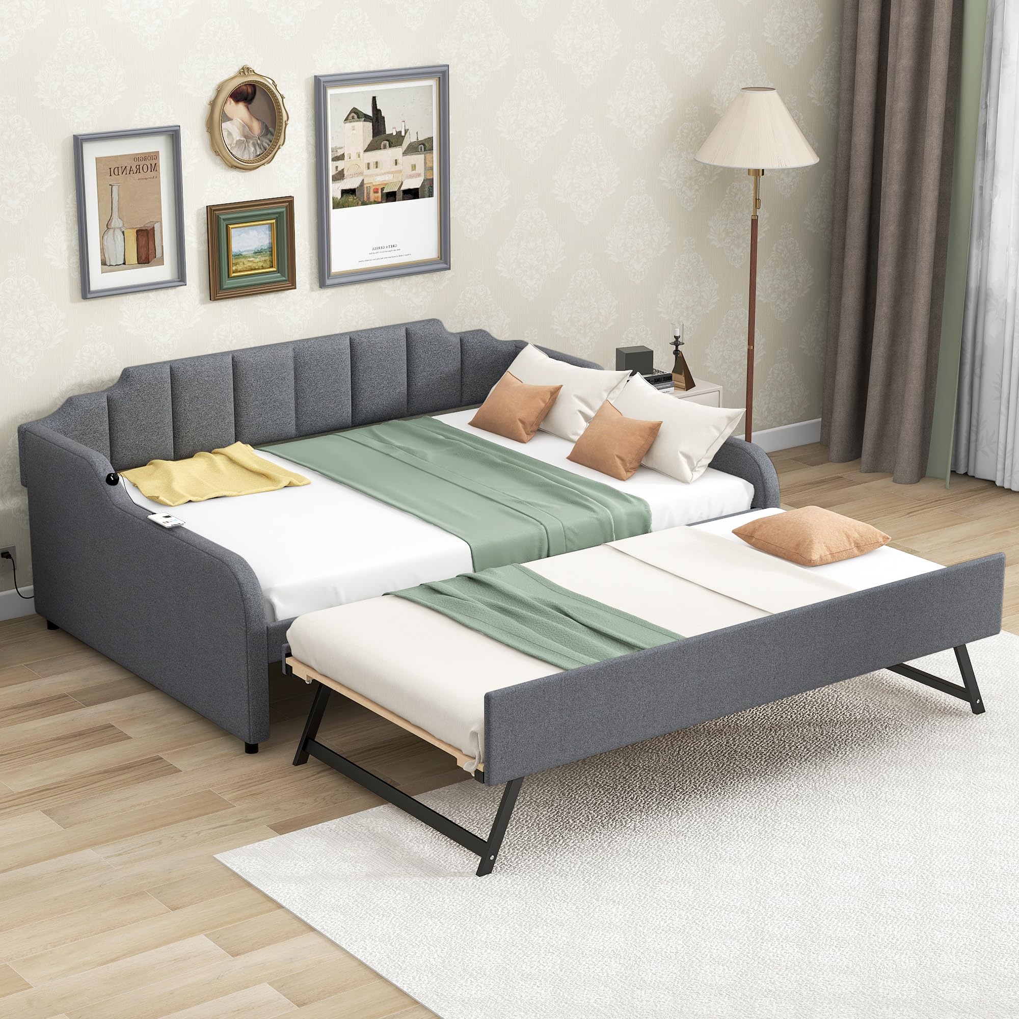 Daybed with Trundle and USB Charging Design, Full Size Upholstery Day Bed Frame, Trundle can be Flat or erected,Grey