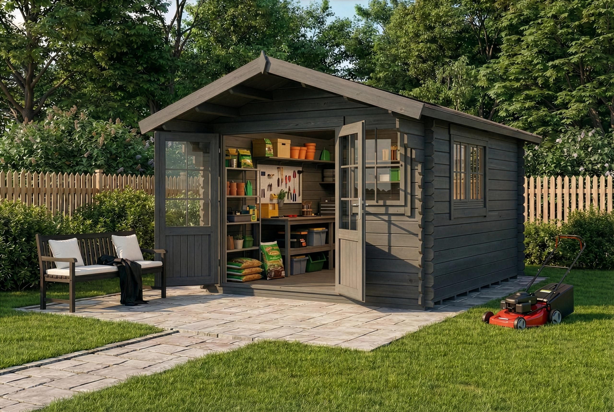 Alpholz Gartenhaus Gabriel 338x467cm mit 34 mm Wandstärke in Imprägnierung Grau inkl. Fußboden
