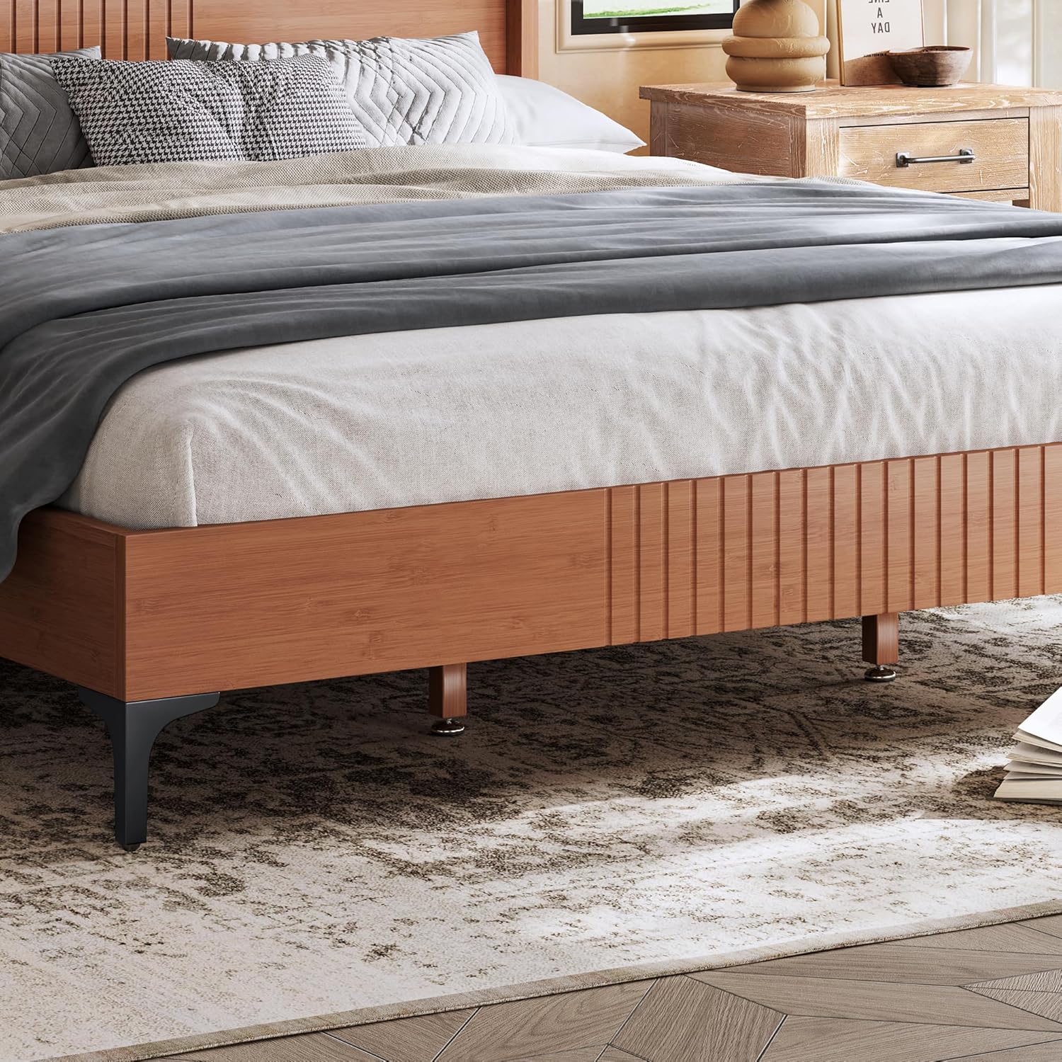 Bellemave King Size Bamboo Platform Bed, Mid-Century Modern Bed Frame with 37.4 Tall Headboard, Solid Bamboo Bedframe King Size, Wood Slat Support, Natural