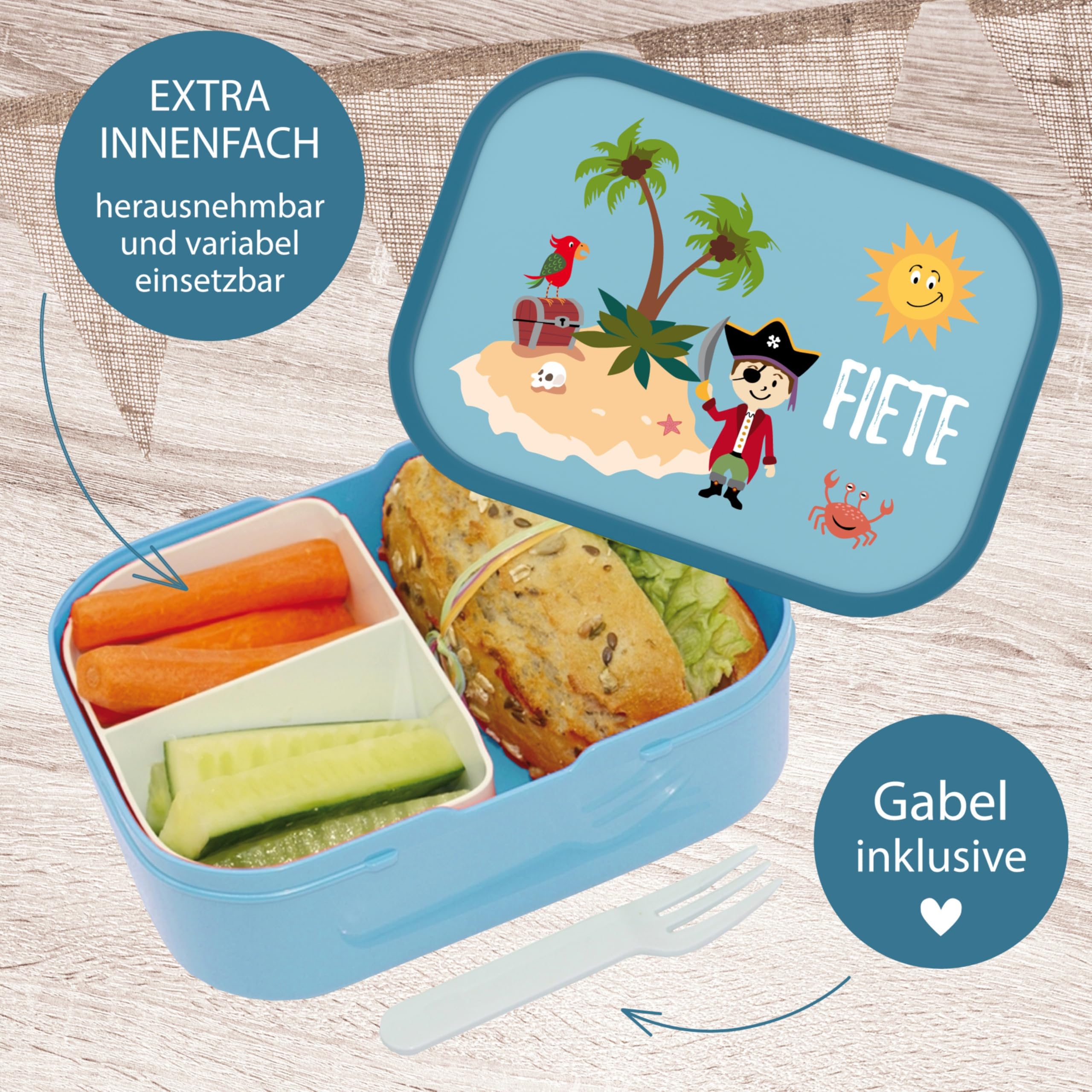 4youDesign Mepal Bento Box & Trinkflasche Set personalisiert Pirateninsel – Geschenk für Kinder Weihnachten, Nikolaus, Geburtstag - Auslaufsicher – Brotdose 750ml, 400ml Flasche (Cool Blue)