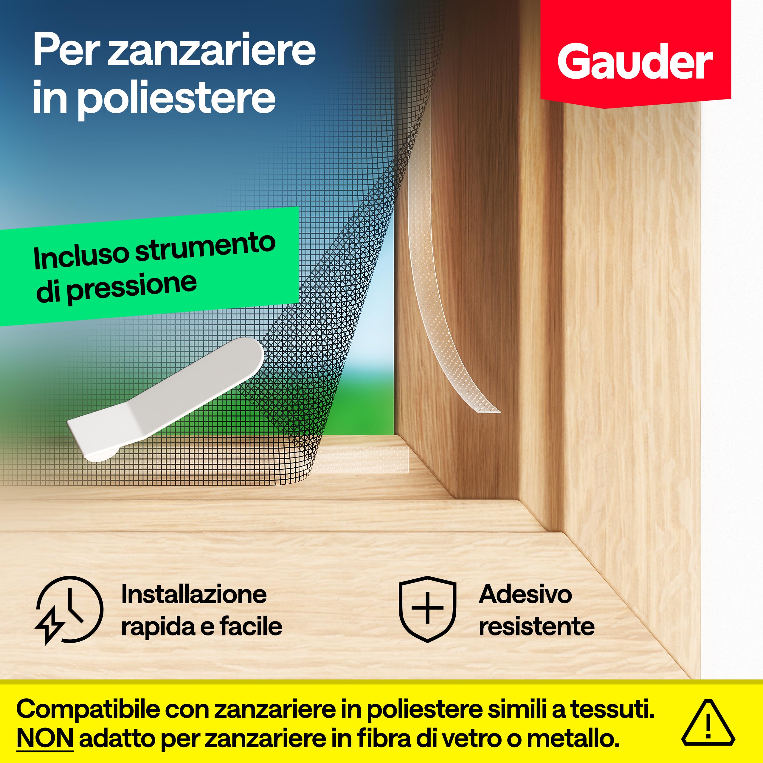 GAUDER Nastro Autoadesivo a Strappo per Zanzariere in Poliestere - Fissaggio Forte per Zanzariera da Finestra - Adesivo Trasparente per Reti Antinsetto e Protezione da Insetti (12 m)
