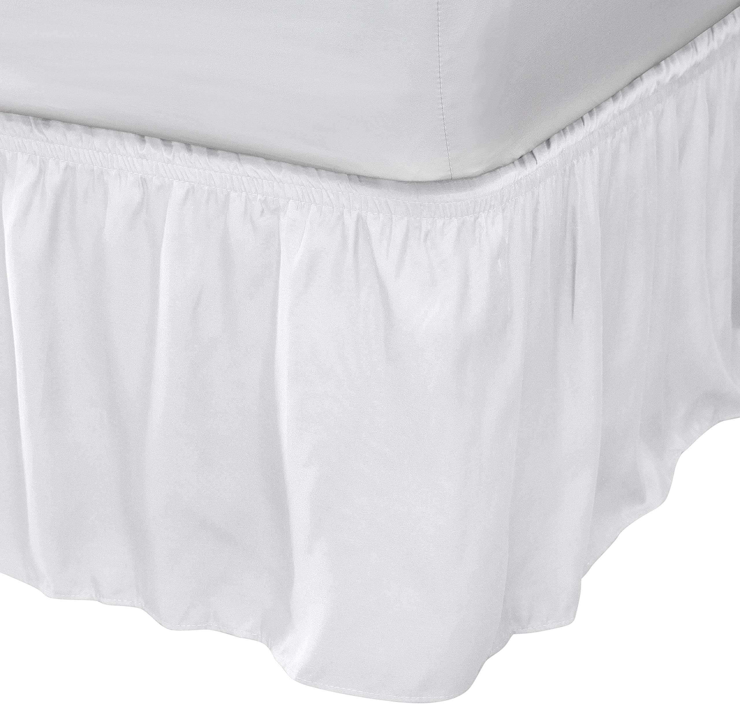 Home Details Wrap Around Bed Skirt | Twin or Full | 14” Drop | Dust Ruffle | Bedding | Elastic Stretch Fit | White