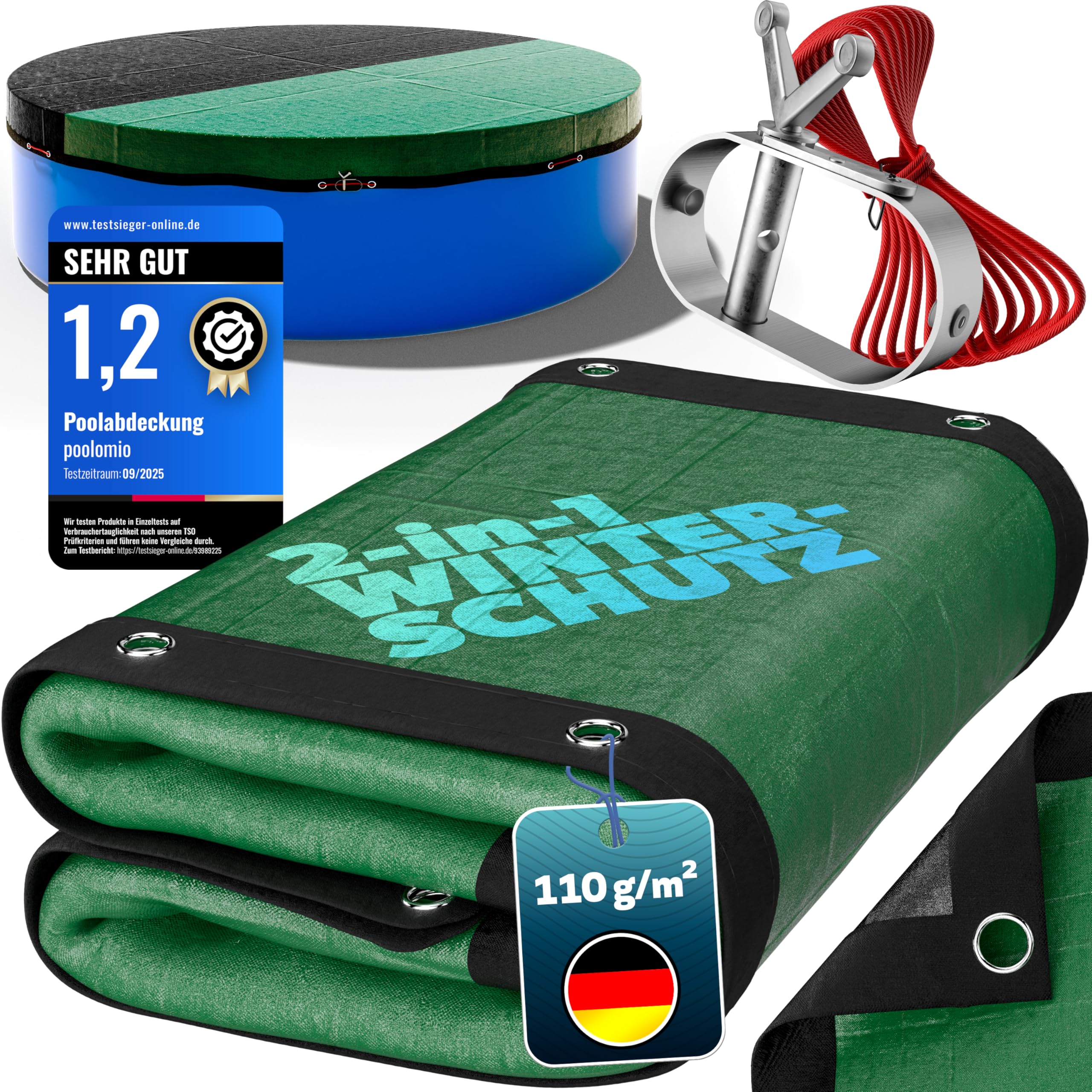 poolomio Poolabdeckung oval 630x360 cm 2in1 Solarplane & Winterabdeckung | Robuste, UV-beständige 110 g/m² PE-Poolplane – hemmt Algen, hält Blätter & Schmutz fern, inkl. Spannseil; Planenmaß 690x420