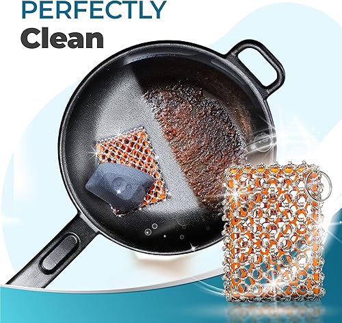 Miniatura 5 de Limpiador de hierro fundido, esponja de hierro fundido, acero inoxidable 316, malla de triple anillo, limpiador perfecto para sartenes de hierro