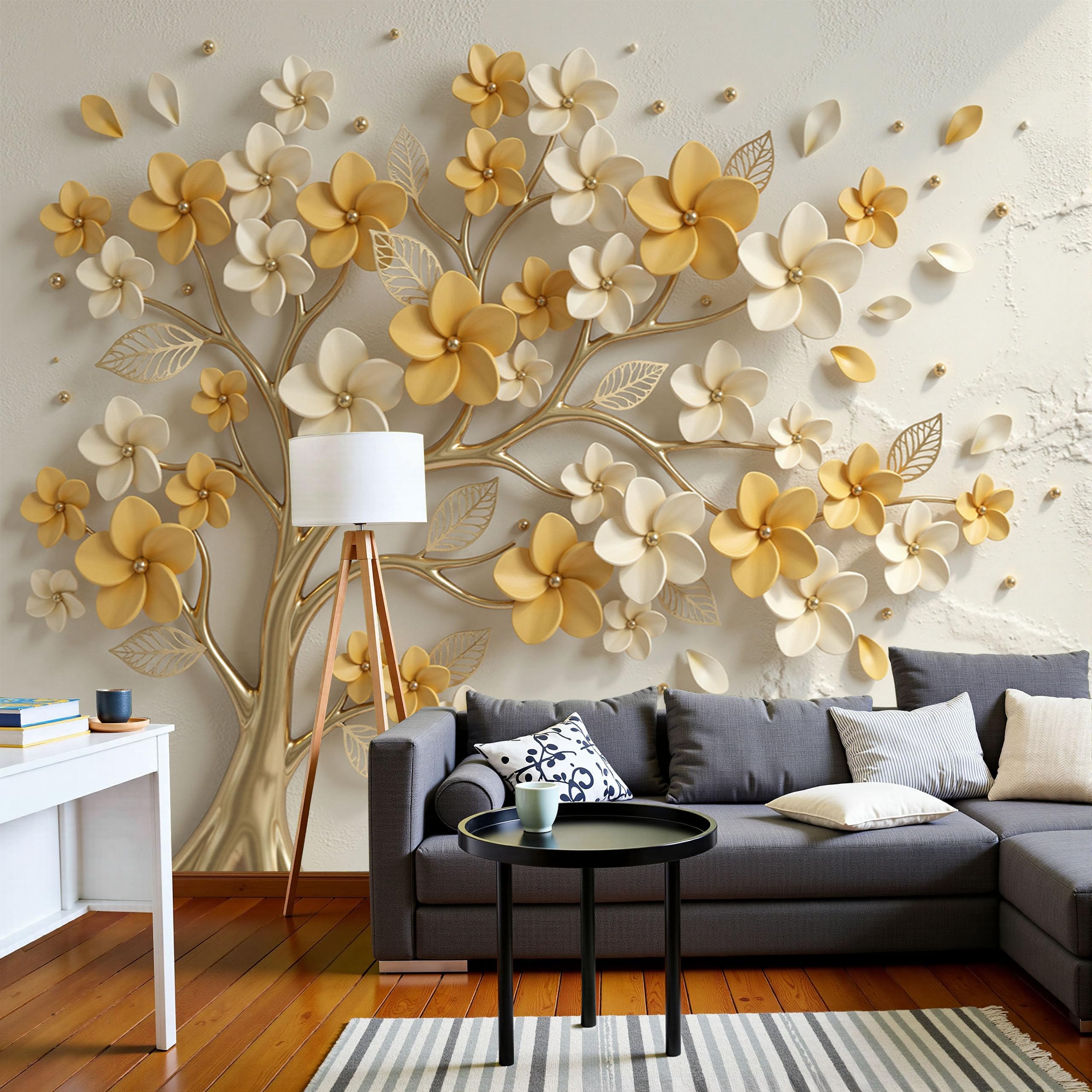 Papier peint 3D fleurs de luxe jaune pour décoration murale chambre salon et bureau 400x280cm