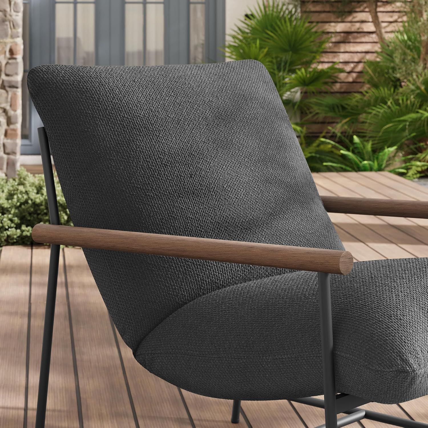 Modway Raya Outdoor Patio Boucle Sling Chair in Charcoal - Comfy Sling Accent Chair - Metal Frame Lounge Chair with Removable Boucle Cushion and Faux Wood Arms for Porch, Deck, Backyard