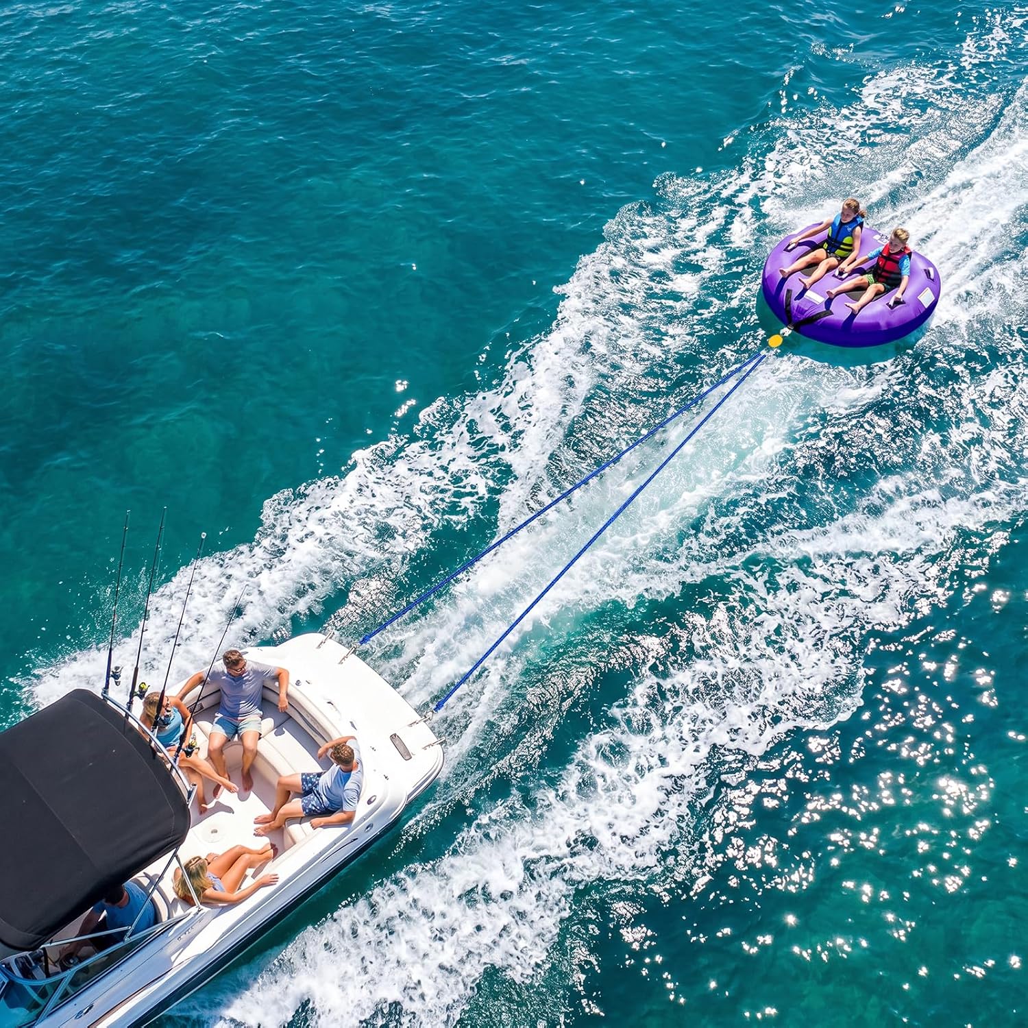 Boat Tow Harness for Tubing, Self Centering Boat Tow Rope with Pulley and Large Hooks, Heavy Duty Tubing Rope for 1-4 Riders Towable Tubes, Water Ski, Wakeboarding, Watersports