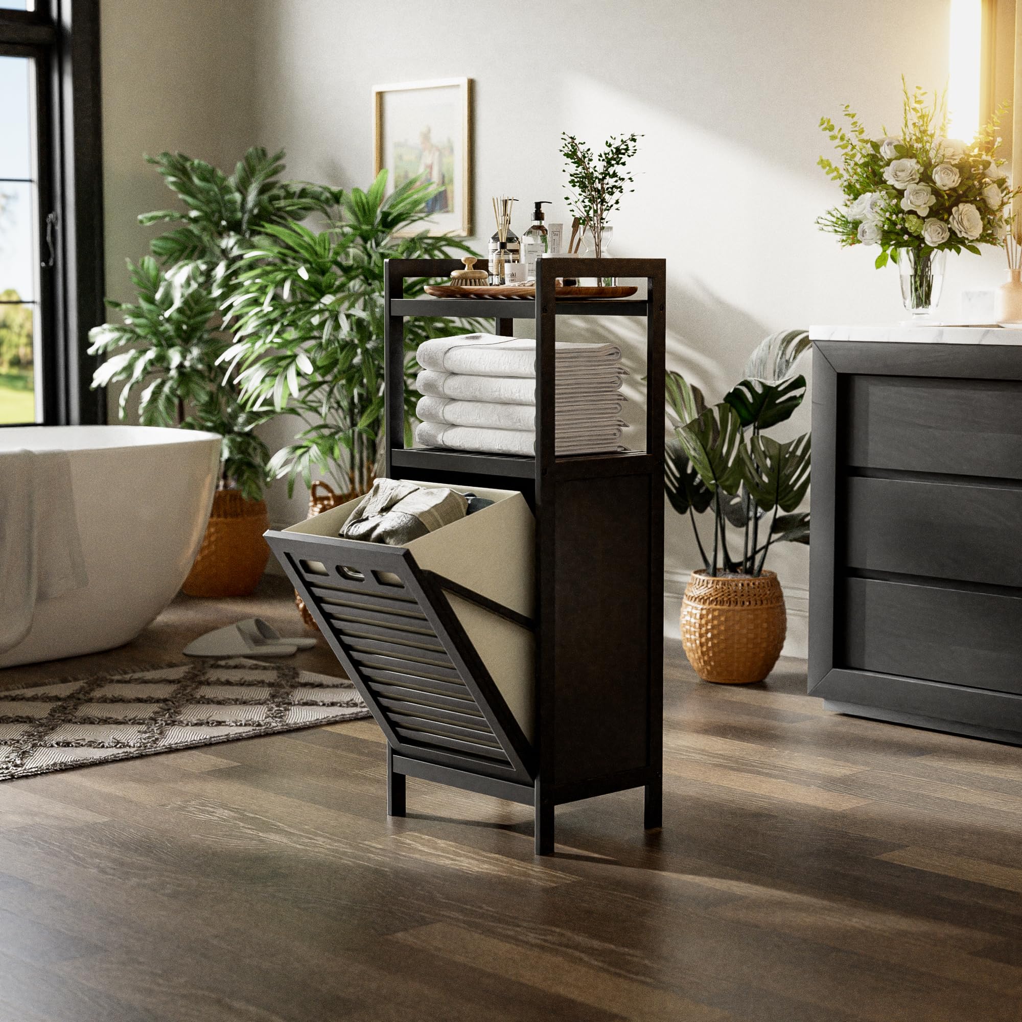 HITNET ‌Badschrank mit Wäschekorb, Wäscheschrank, Bambus Badezimmerschrank mit Wäschesammler und 2 Offene Regale, 40L Herausnehmbare Innentaschen mit Griffen für Badezimmer Schlafzimmer, Schwarz