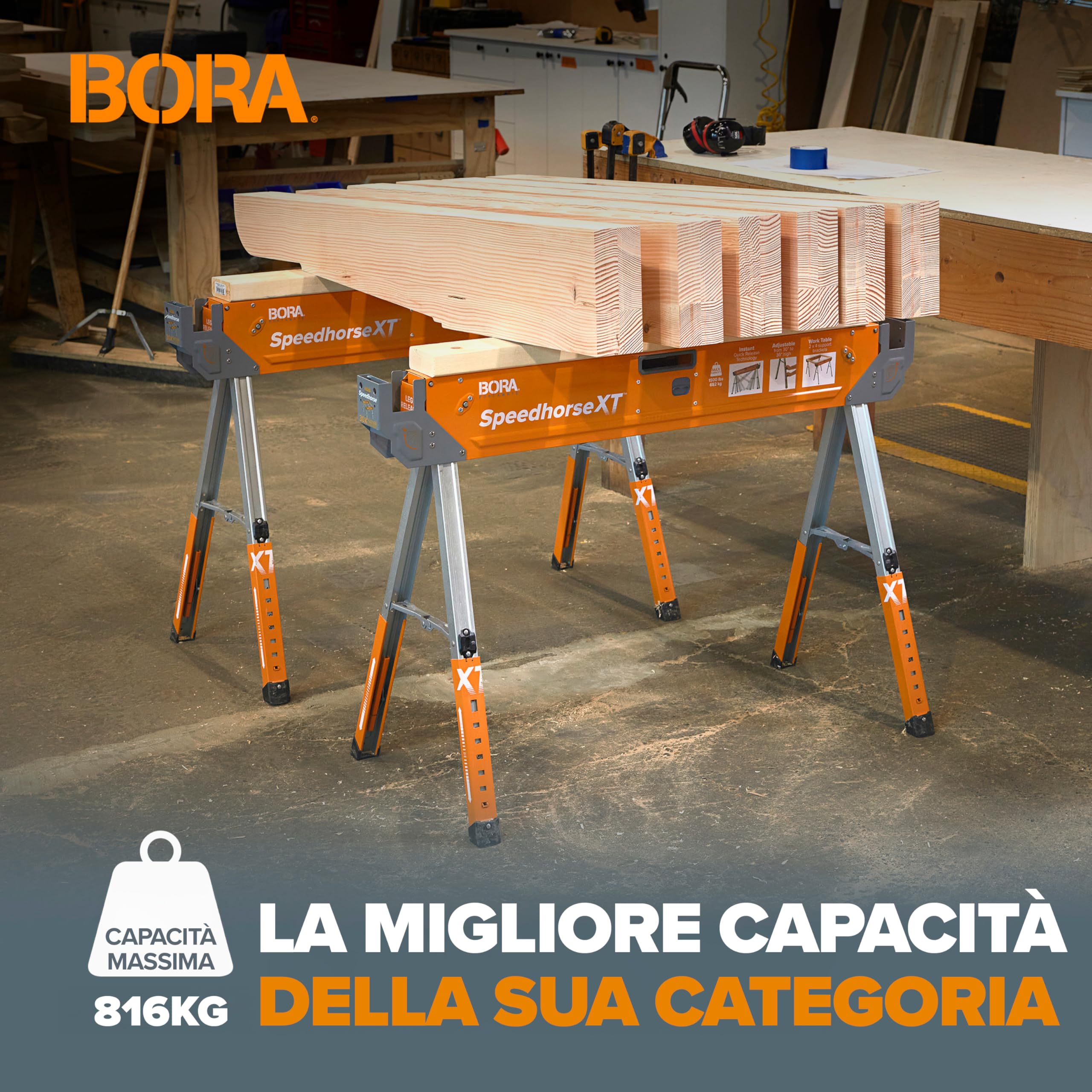 BORA Cavalletti da Lavoro Pieghevoli Speedhorse XT – 816 kg, Setup 1,6 sec, Altezza 76–91 cm, Coppia PM-4550T