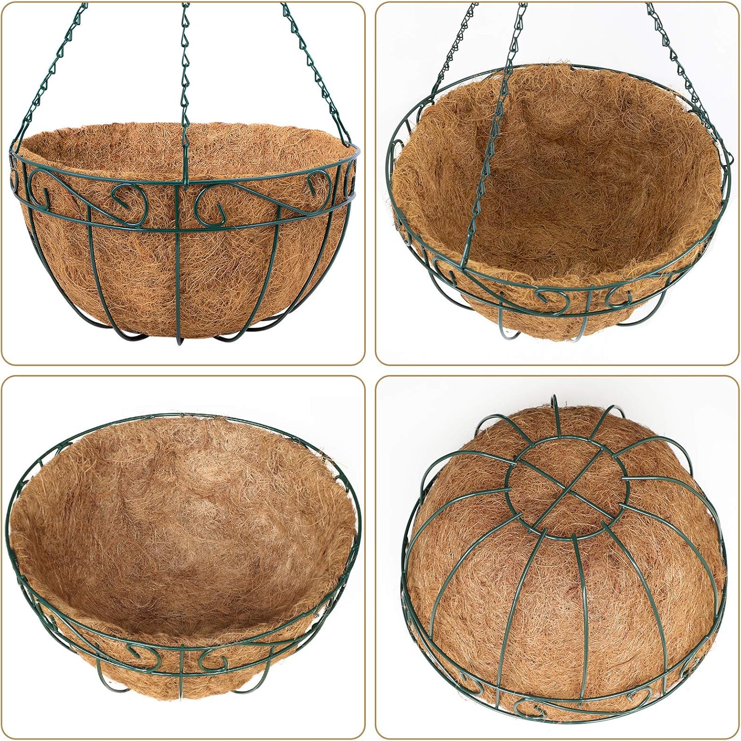 Amagabeli 4 Pack Hanging Plant Planter Baskets 10 Inch with Coco Coir Liner Round Metal Wire Plant Holder with Chain Porch Decor Flower Pots Hanger Garden Decoration Indoor Outdoor Green BG401