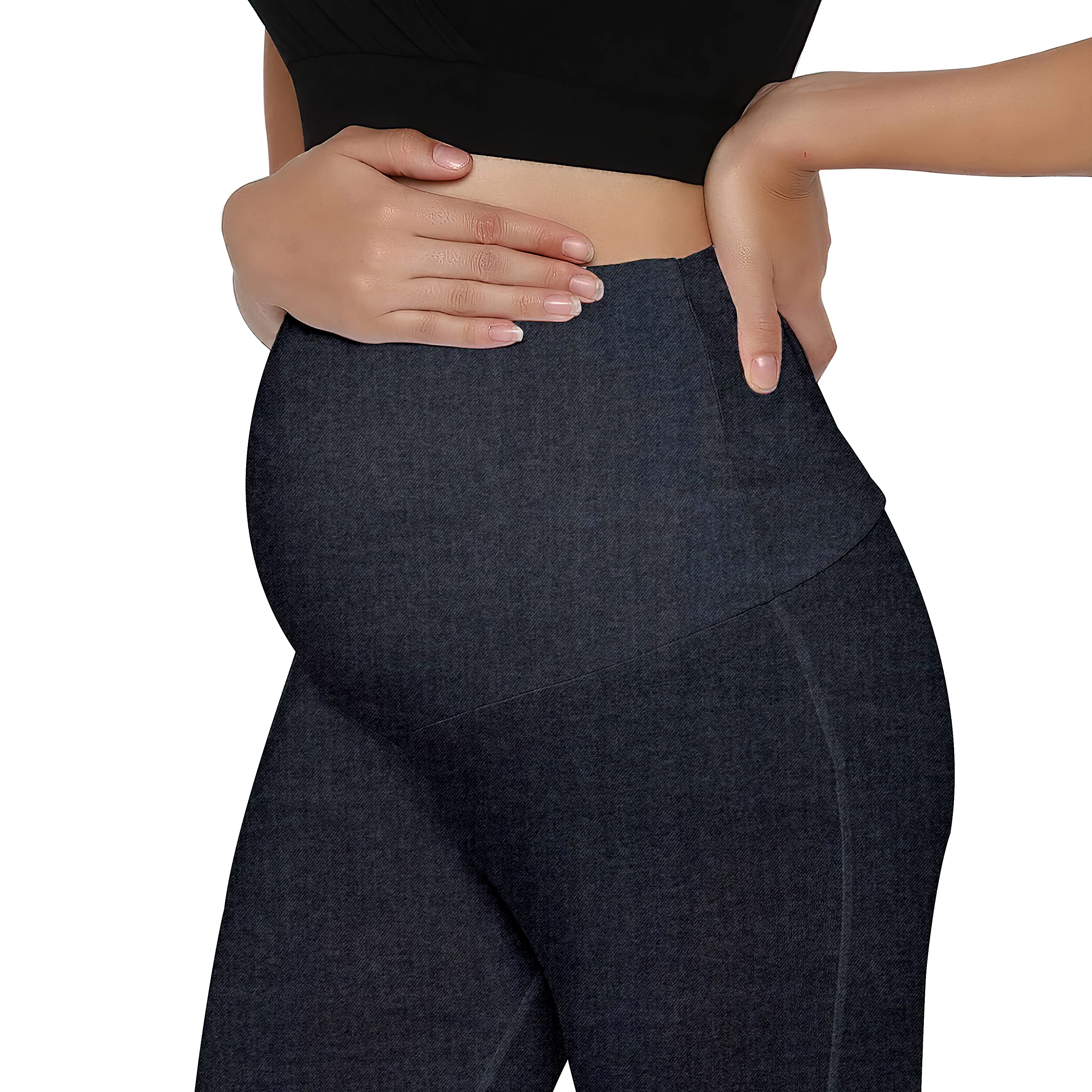 LENAM Women Soft Cotton Lycra Mid Rise Stretchable Maternity Pants With Double Pockets And Full Belly Coverage (XL, Charcoal) 1