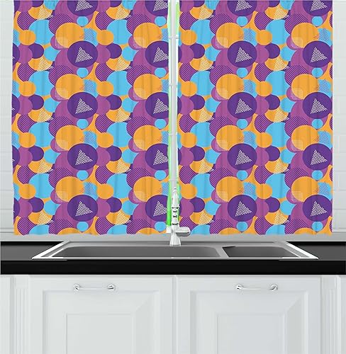 Ambesonne Synthwave Kitchen Curtains, Continuous Pattern of Futurism Themed Colorful Shapes Round and Triangles, Window Drapes 2 Panel Set for