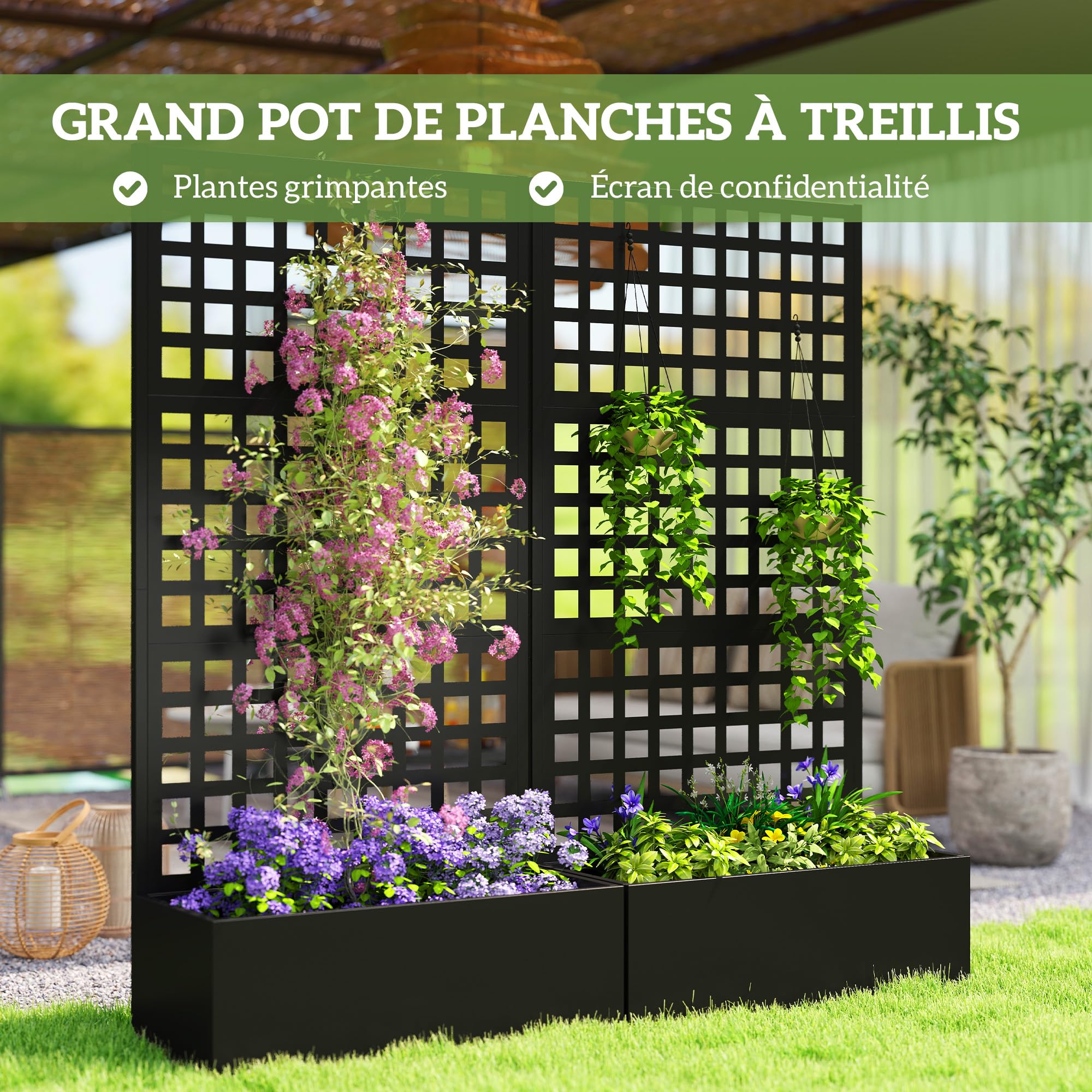 Outsunny Jardinière avec Treillis, Brise-Vue, lit surélevé de Jardin, jardinière extérieure en Acier galvanisée, pour Plantes grimpantes, bac à Fleurs pour Balcon terrasse Patio, 89x40x178cm, Noir