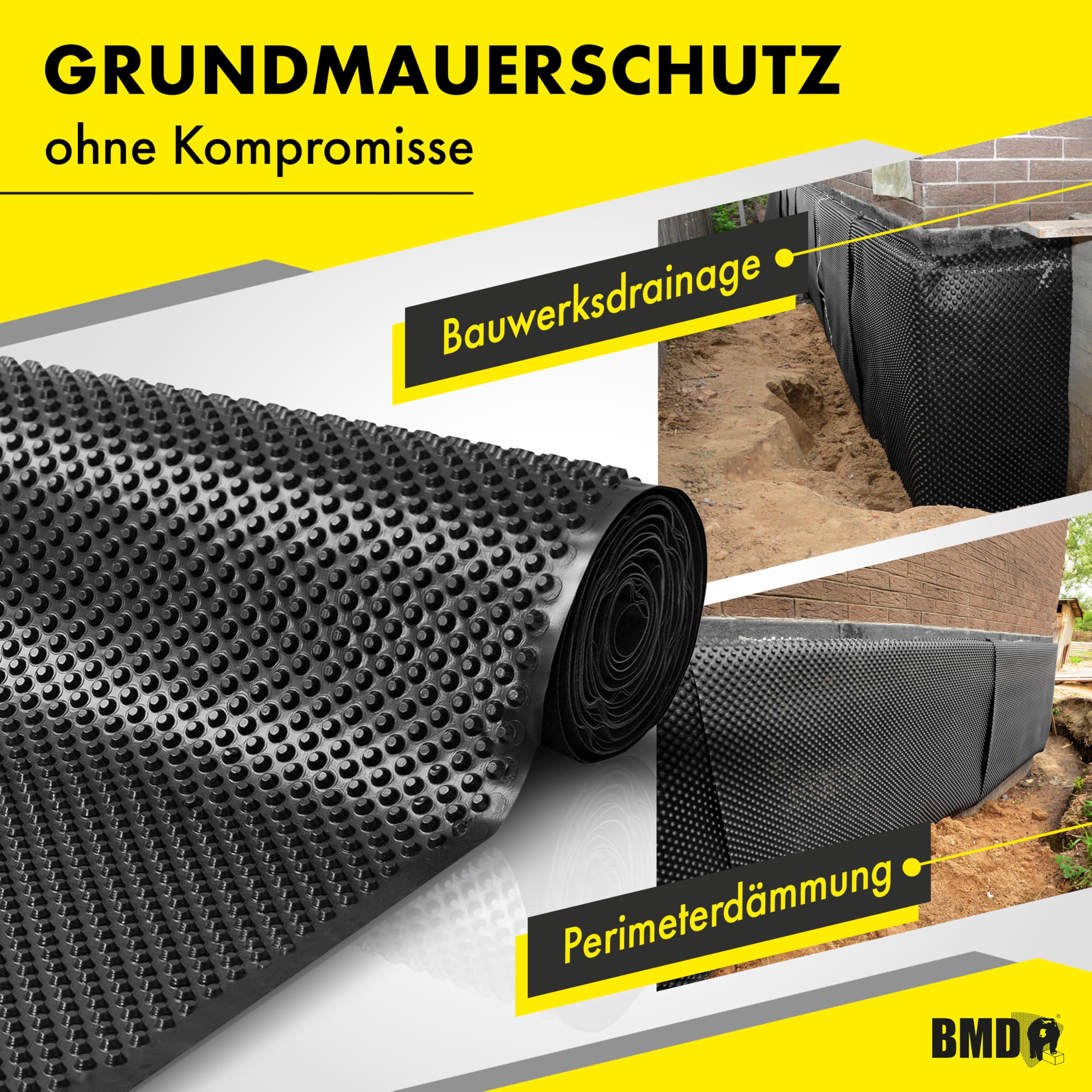 BMD Noppenbahn | 1m x 10m | Hochbeetfolie ohne Weichmacher | Noppenfolie für den Grundmauerschutz | 10m² | Drainage | CE-Siegel Qualität