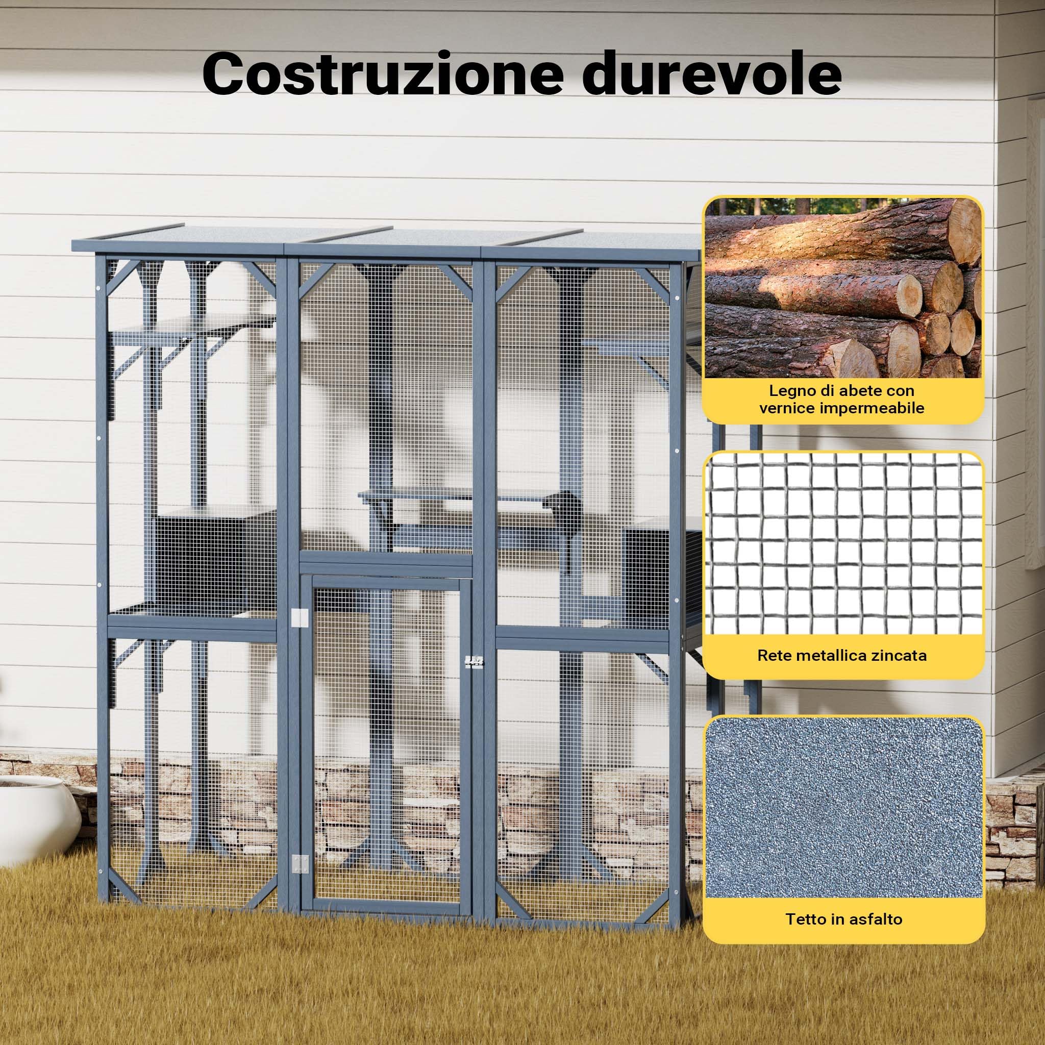 Wiltec Recinto per gatti da esterno 1705 x 925 x 1810 mm, recinzione antifuga in legno con tetto in asfalto, diversi livelli, per giardino, balcone, terrazzo