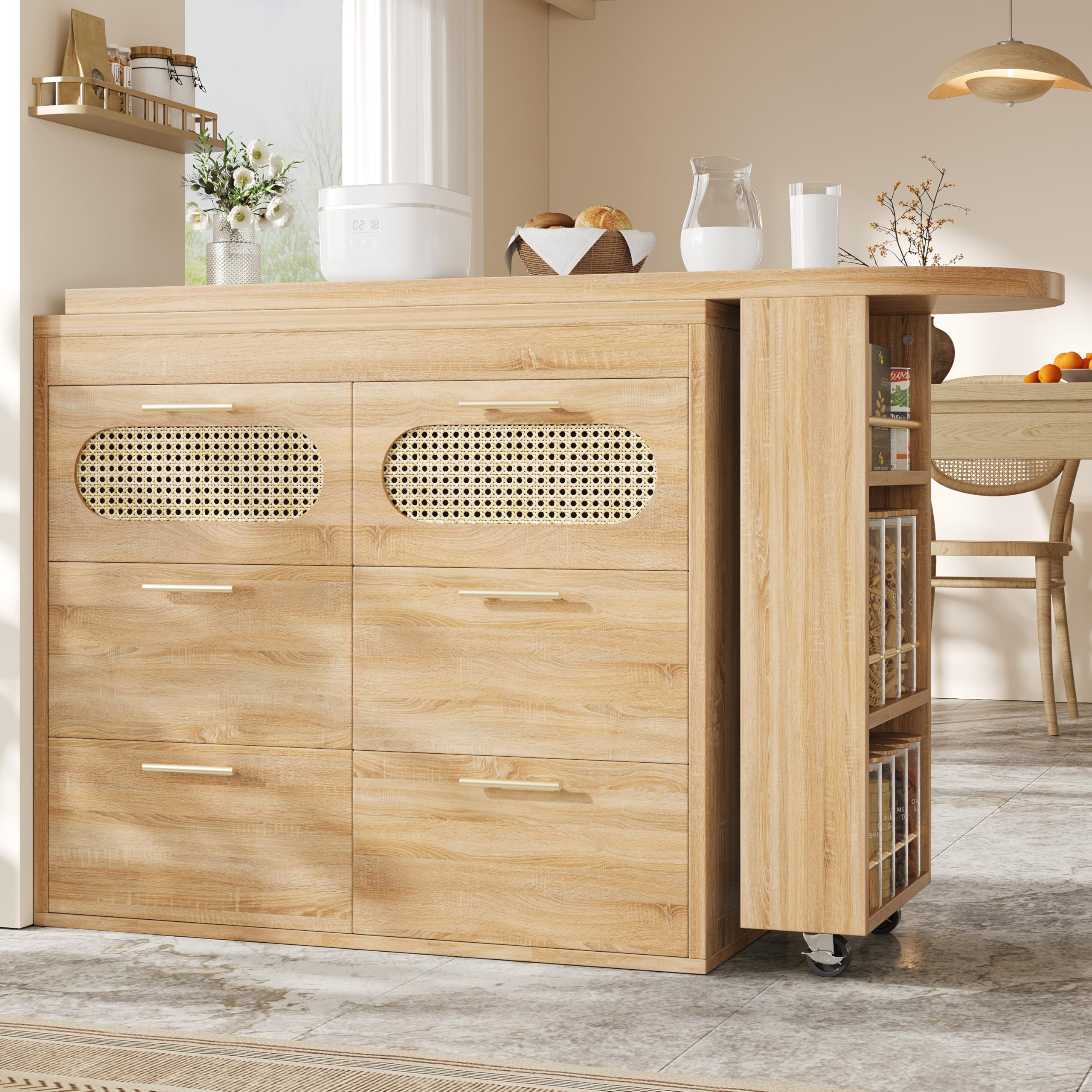 Sapgaks Îlot de Cuisine rotative à 360°,Porte en rotin PE et poignée en métal,Table de Bar avec 6 tiroirs,Equipé d'un Dispositif Anti-basculement,Aux Salon et Cuisine,Naturelle