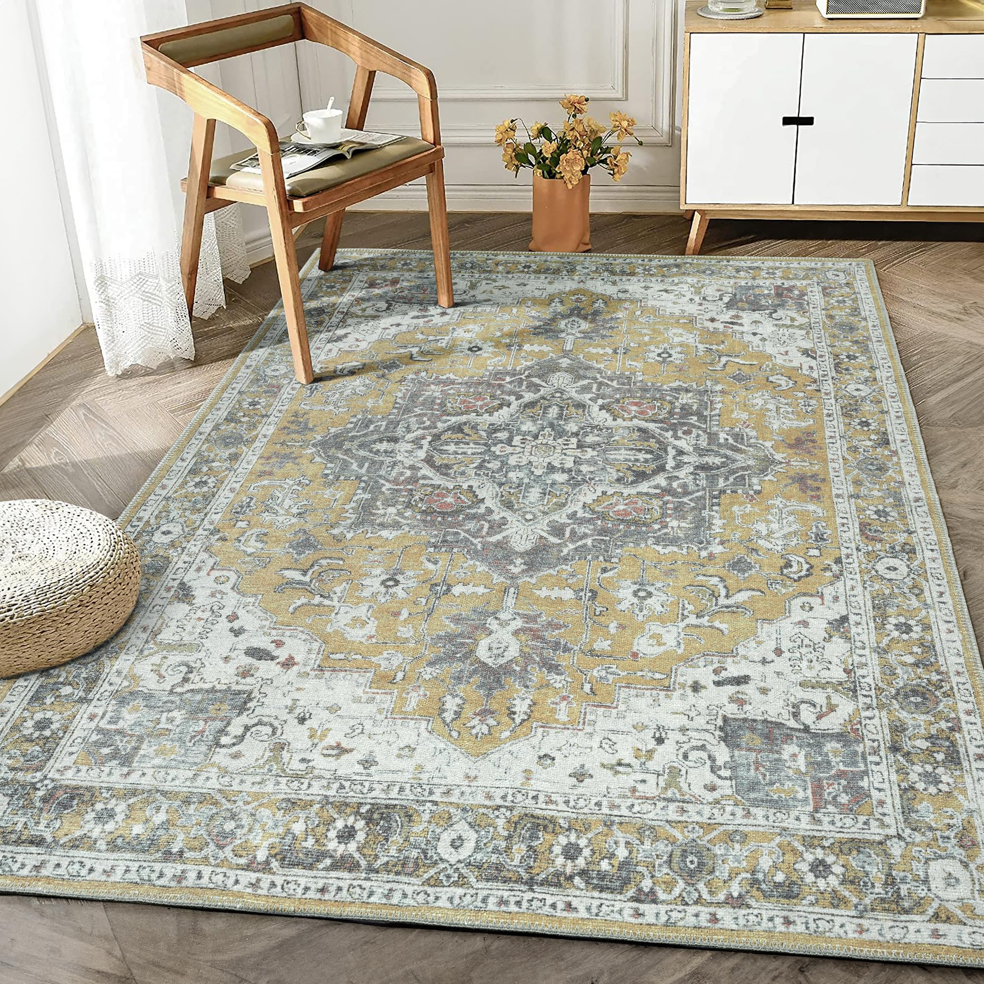 Bloom Rugs Washable Non-Slip 3' x 5' Rug - Yellow Traditional Medallion Area Rug for Living Room, Bedroom, Dining Room, and Kitchen - Exact Size: 3' x