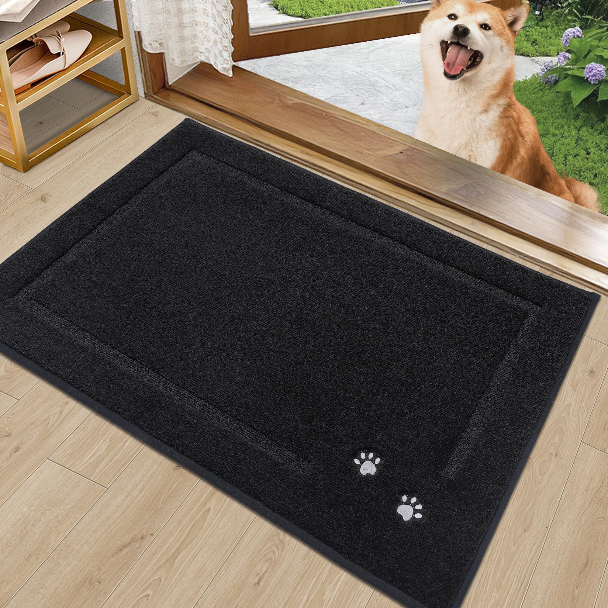 BEQHAUSE Dog Door Mat for Muddy Paws 50x80cm Dirt Trapper Absorbent Doormat Non Slip Entryway Rugs Washable Stain Resistant Welcome Floor Mat Soft Low-Profile for Front Back Door Black