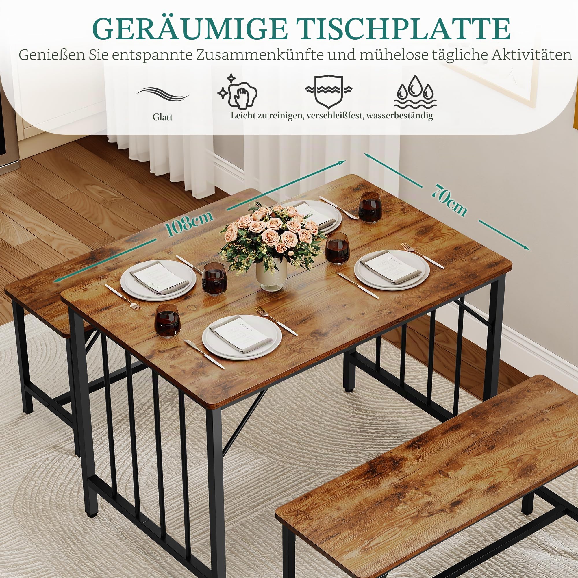 YITAHOME Esstisch und 2 Stühle Set, 3-teiliges Esszimmer-Set mit Bank, platzsparendes Frühstück Esstisch-Set, Esszimmermöbel für Küche, Wohnung, Rustikales Braun