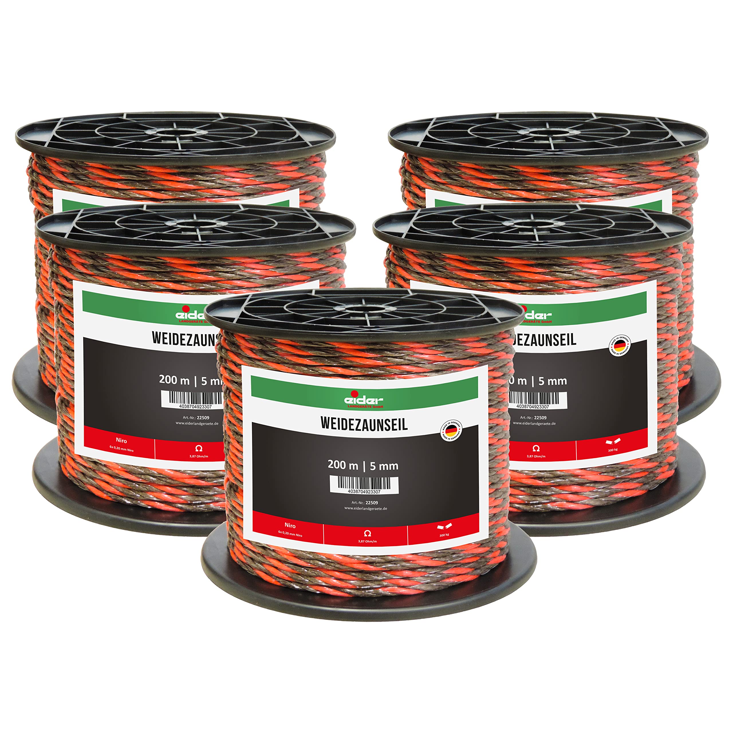 Corda per recinzione, diametro 5 mm, colore marrone/rosso, rotolo da 200 m, colore ben visibile, ideale per cavalli, pony e bovini, Made in Germany (5 rotoli)