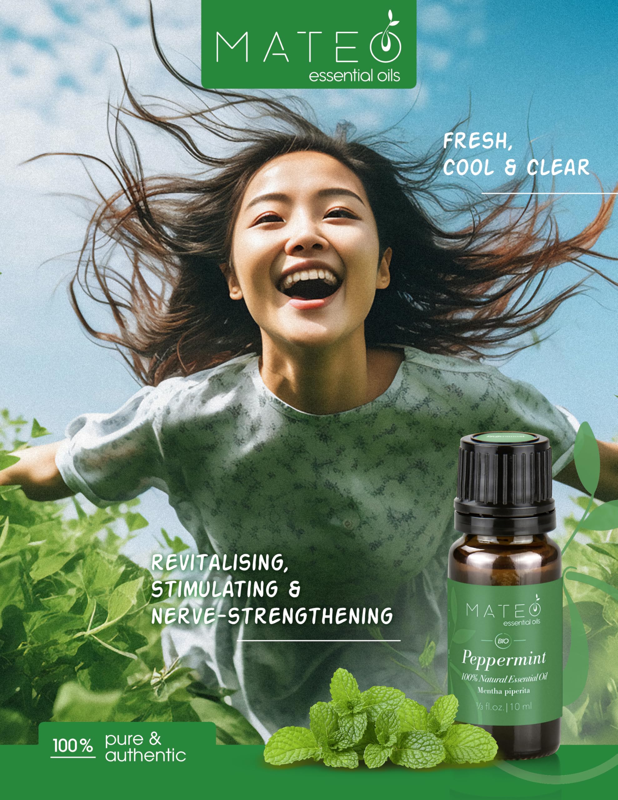 MateoEssentialOils – Olio Essenziale di Menta Piperita 100% Puro & Naturale – Qualità terapeutica – Ideale per Aromaterapia, Diffusori, Massaggi e Cura del Corpo – Effetto Rinfrescante – 10 ml.