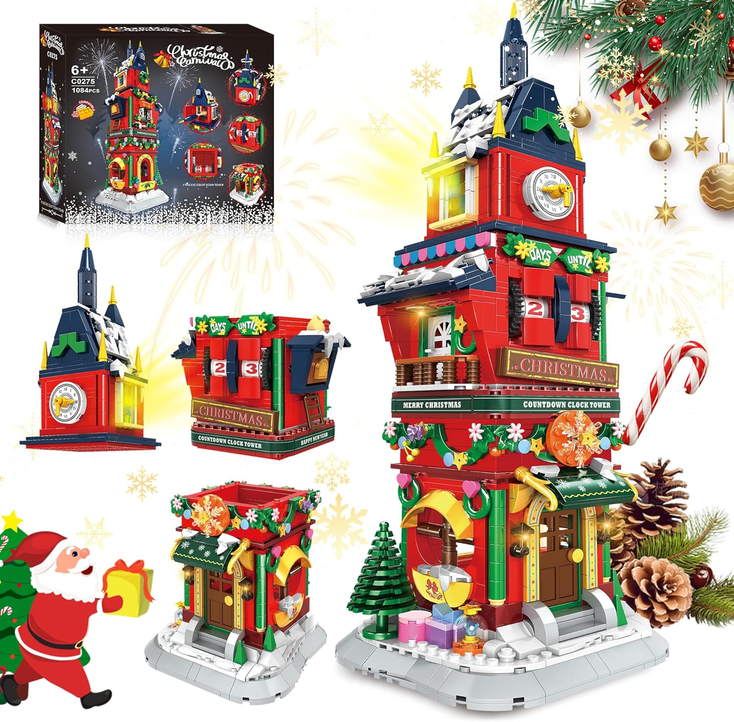 Christmas Countdown Tower House Building Toys - LED Light Christmas Village House Building Set with Countdown Clock, Festival Model Gift Idea for Kids 6+