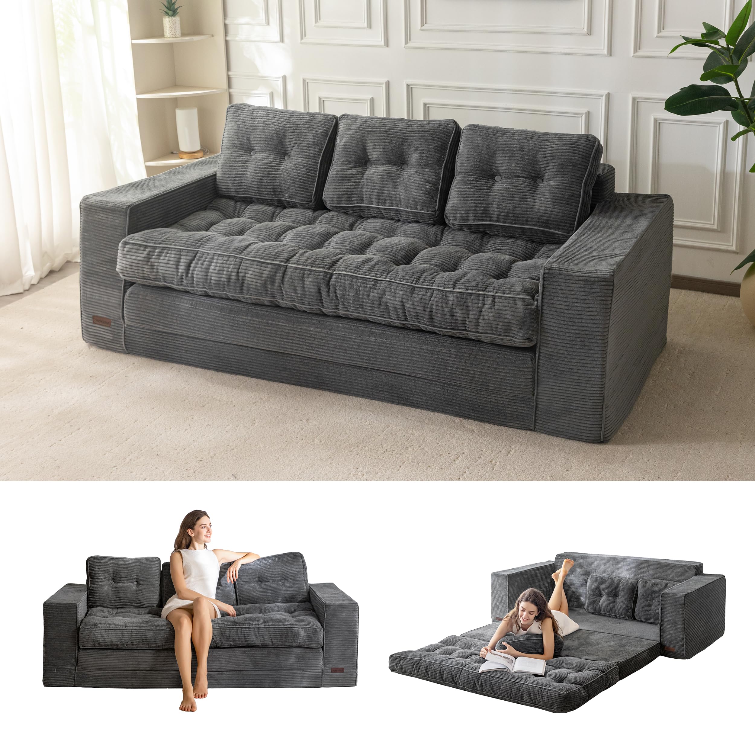MAXYOYO Bodensofa Schlafsofa 190cm Breit mit Kissen, 2-in-1 Klappbar Cord Sofa 3 Sitzer mit Schlaffunktion, Liegefläche 101x196CM für Wohnzimmer, Schlafzimmer, Lounge | Ausziehbares Schlafsofa mit 2 Kissen, bequemes 2-in-1-Schlafsofa 3-Sitzer, 190x85 cm,