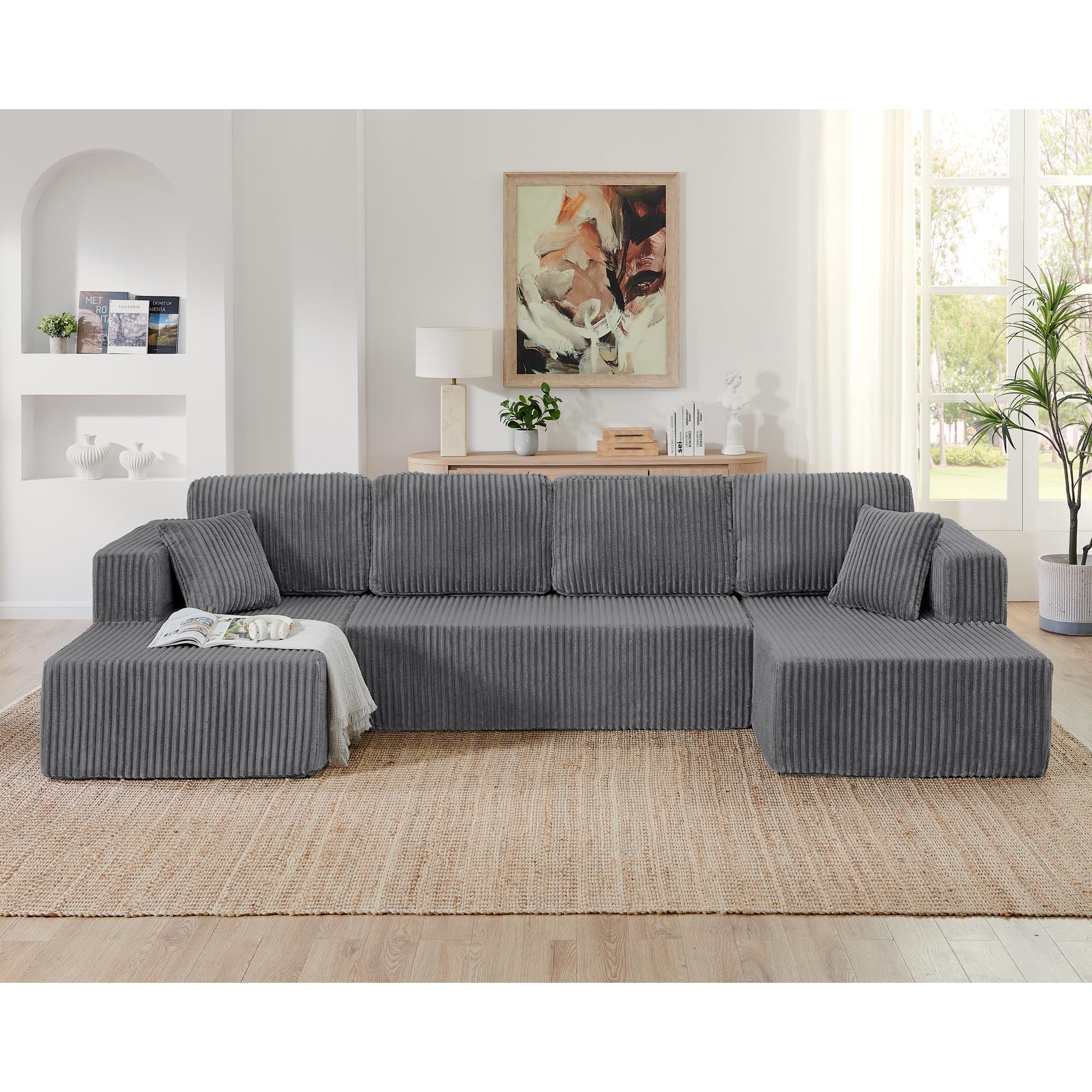 HYJT-H&K Modular Sectional Sofa Cloud Secttional Couch, 132" Comfy U Shaped Couches for Living Room, Deep Seat Memory Foam Fluffy Plush Corduroy Boneless Couch Sectionals with Chaise, Grey