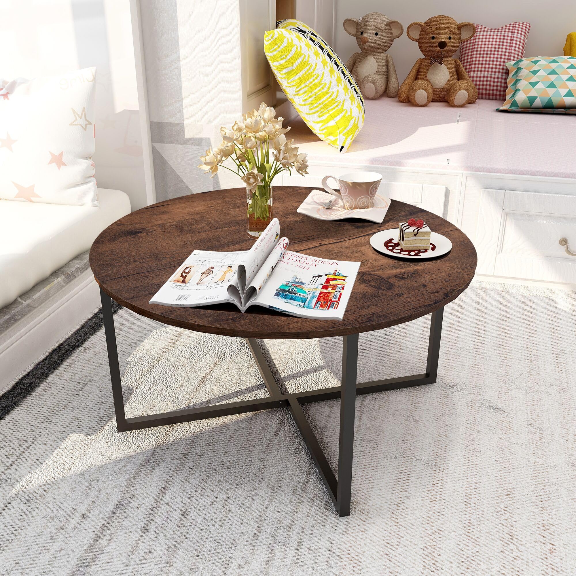 HOJINLINERO Mesa de centro redonda industrial, mesa de té y café, mesa auxiliar de madera con patas de metal