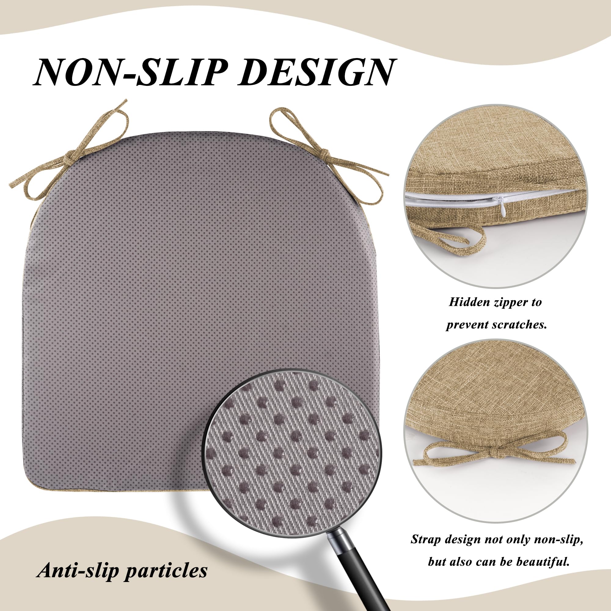 FlyGulls 4 Pack Seat Cushion Linen Chair Cushions for Dining Chairs with Ties Kitchen Chair Cushions Non Slip U Shape Chair Pads Beige (45 * 45 * 5cm/17 * 17 * 2inch) - Image 4