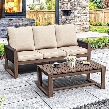 Luxury 77" Patio Wood and PET Rope Sofa with Coffee Table, High Back Outdoor Conversation Furniture with Removable Cushions,Table with Solid Wood Legs, Porch Couch Beige/Brown
