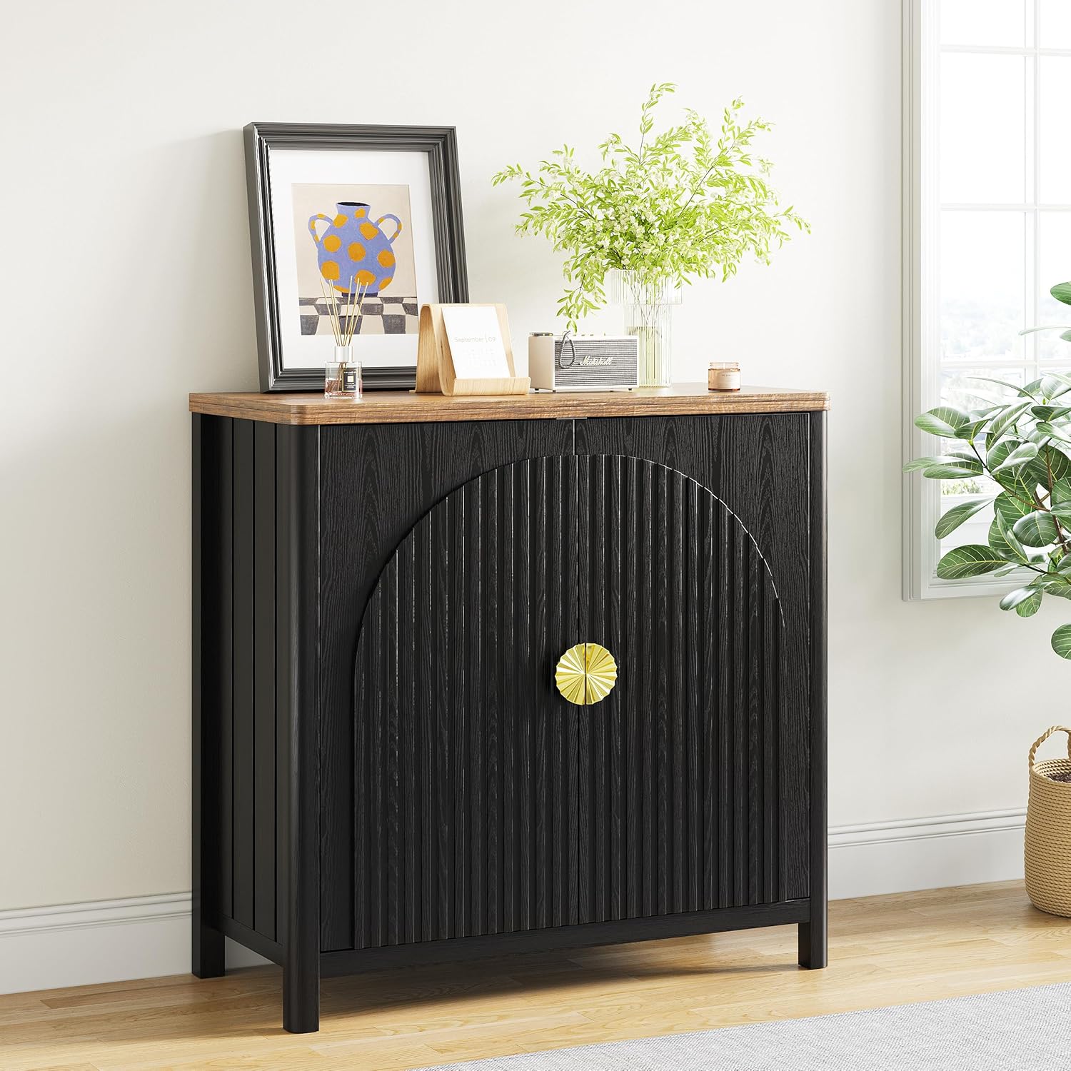 Buffet Cabinet - Kitchen Storage with Adjustable Shelves Wood and 2 Fluted Doors 31.5” Farmhouse Style Coffee Bar Wine Bar for Kitchen, Entryway, Black
