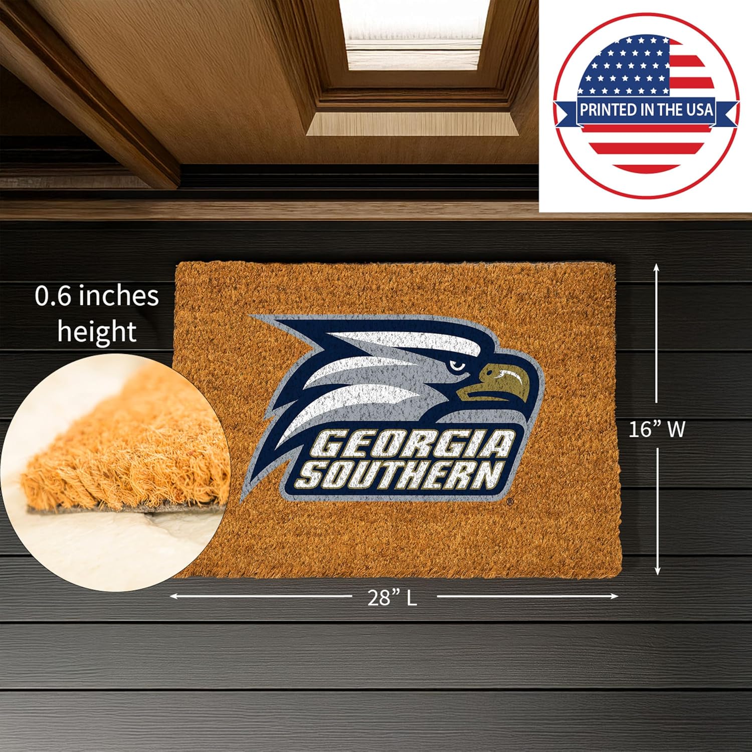 NCAA Georgia Southern University Coir Door Mat, Indoor and Outdoor Entryway, 28 x 16 Inches Non Slip Back Welcome Floor Mats for Muddy Dog Paws, Weather-Resistant Front Door Entrance Home Décor