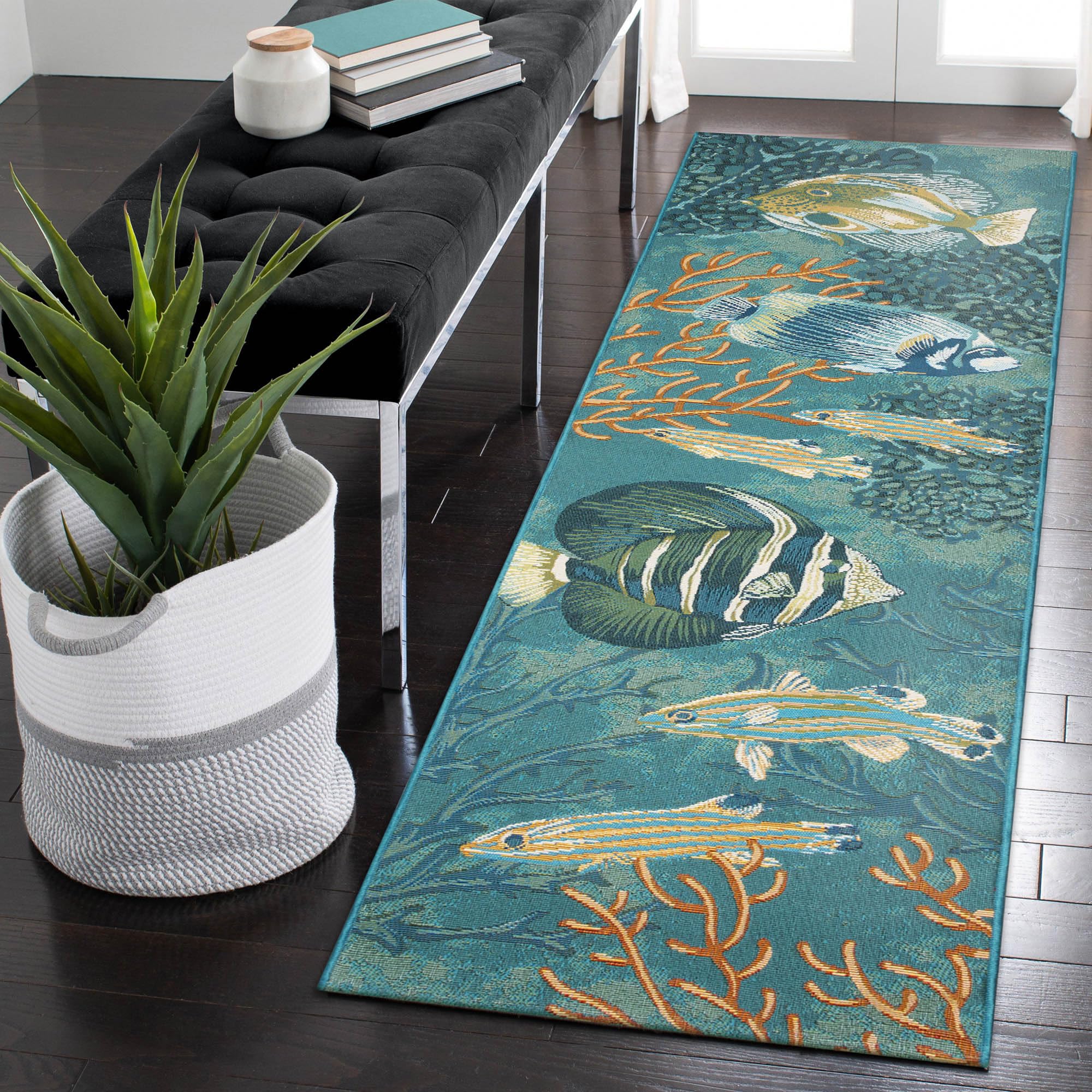 Liora Manne Marina Indoor/Outdoor Power Loomed Synthetic Blend Low Profile Area Rug - Transitional Graphic Coastal Animal Colorful (Fish Aqua) (1'11"