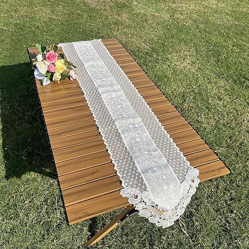 Miniatura 8 de Camino de mesa de encaje blanco de 12 pulgadas por 122 pulgadas de largo, elegante mantel con exquisita flor para decoración de mesa rústica bohemia