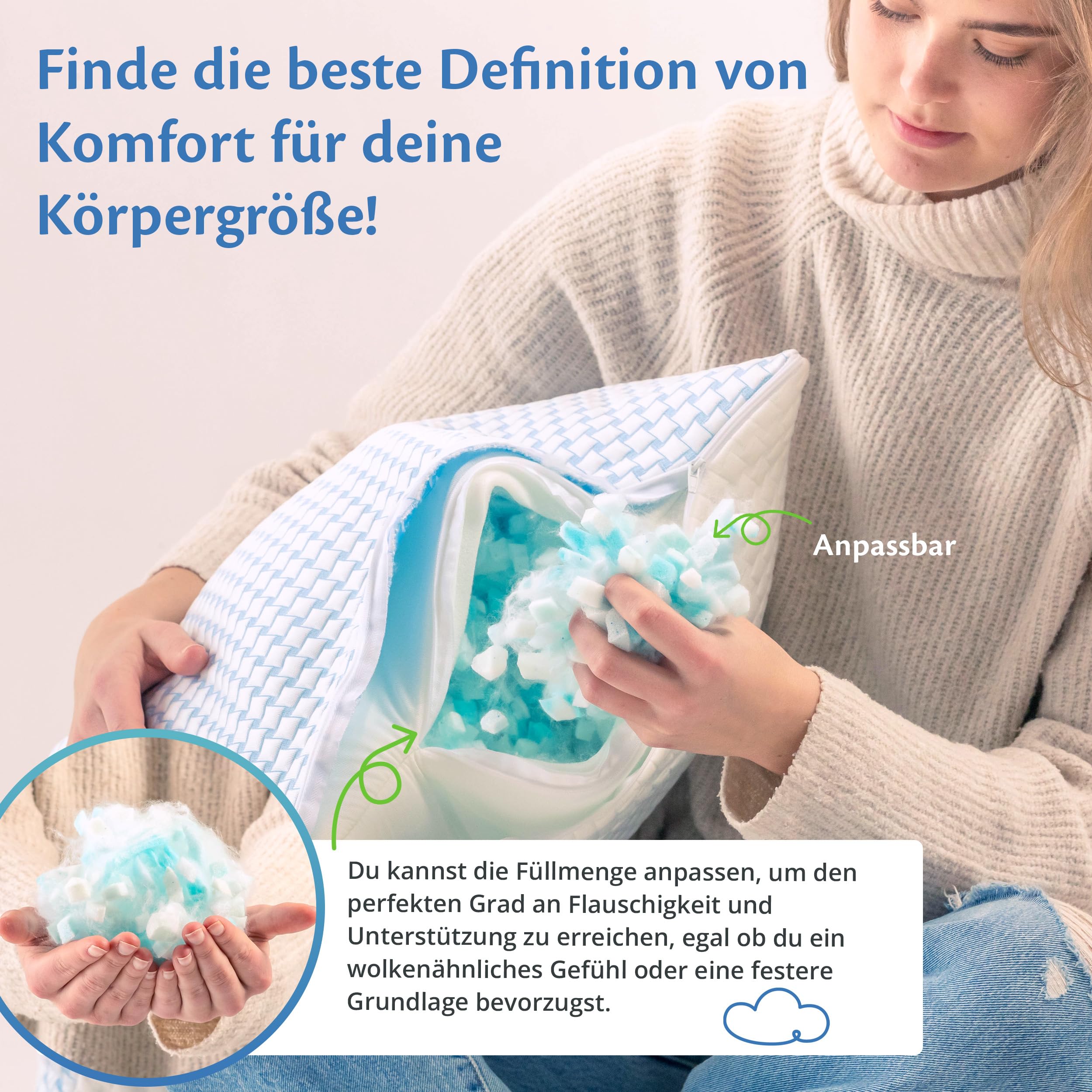 Ella Nackenstützkissen 40x80 – Ergonomisches Kopfkissen mit Verstellbarer Füllung – Orthopädisches Kissen für Nackenschmerzen - Seitenschläfer, Rückenschläfer, Bauchschläfer mit waschbarem Bezug
