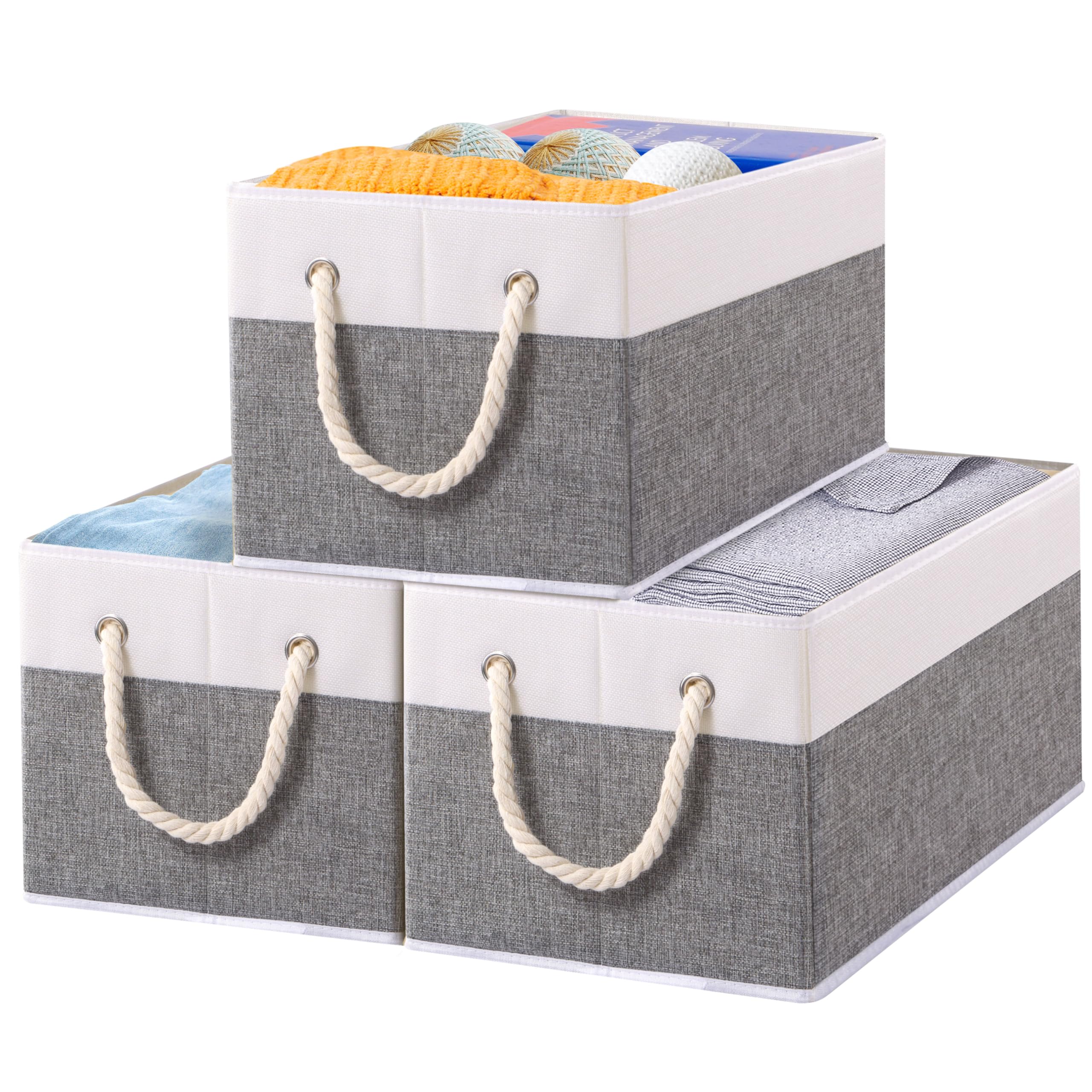 GhvyenntteS 3 Cestini Portatutto In Tessuto Catatonico - Beige 38x28x24 Cm - Con 3 Maniglie E Pannelli Rigidi - Contenitori Pieghevoli Per Scaffali, Armadi E Camerette