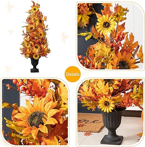 Miniatura 6 de Glitzhome 2 piezas de árbol de arce iluminado de 4 pies con temporizador, hoja de arce artificial de otoño y urna de girasol, árbol de porche con 20