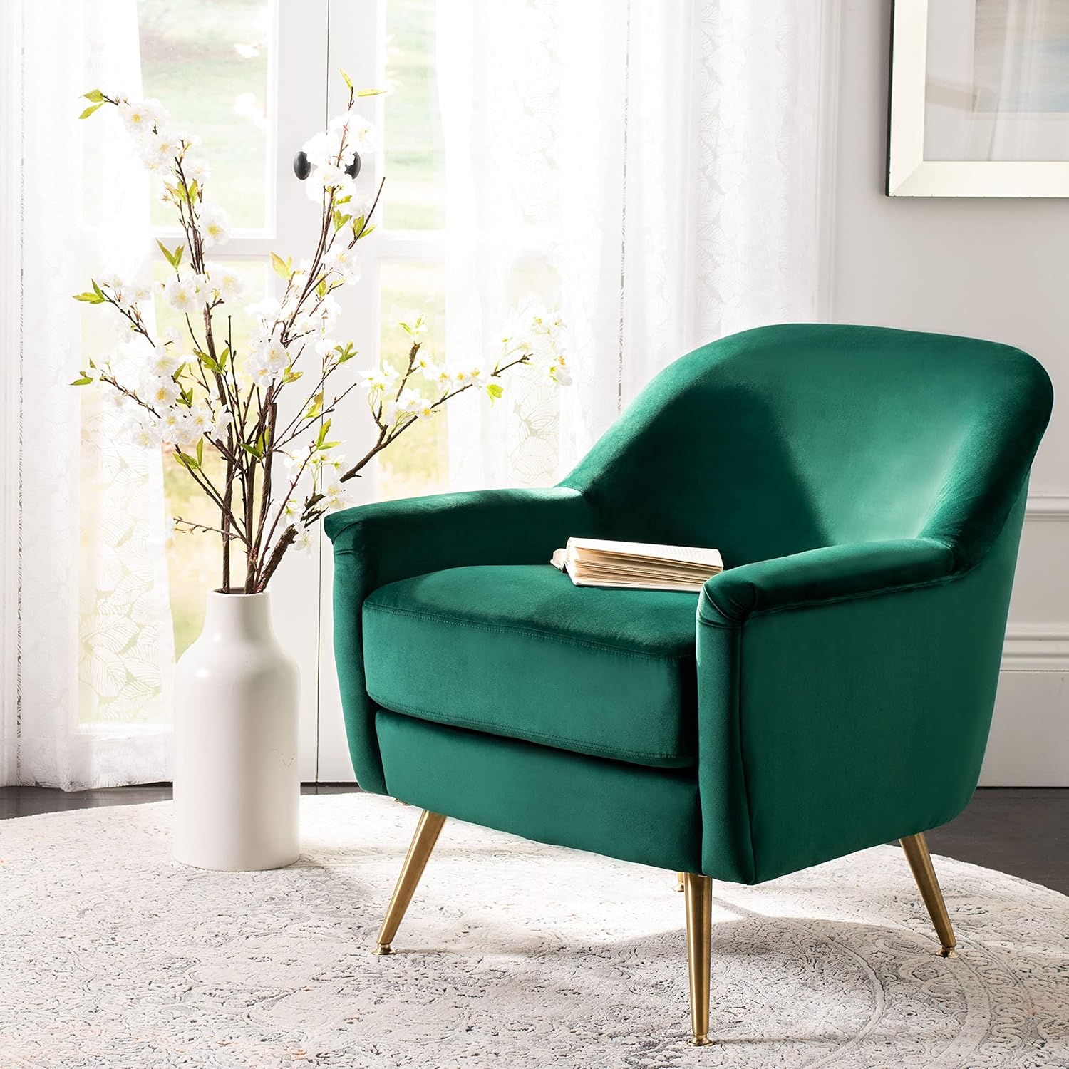 Safavieh Home Brienne Retro Glam Emerald Green Velvet and Brass Arm Chair