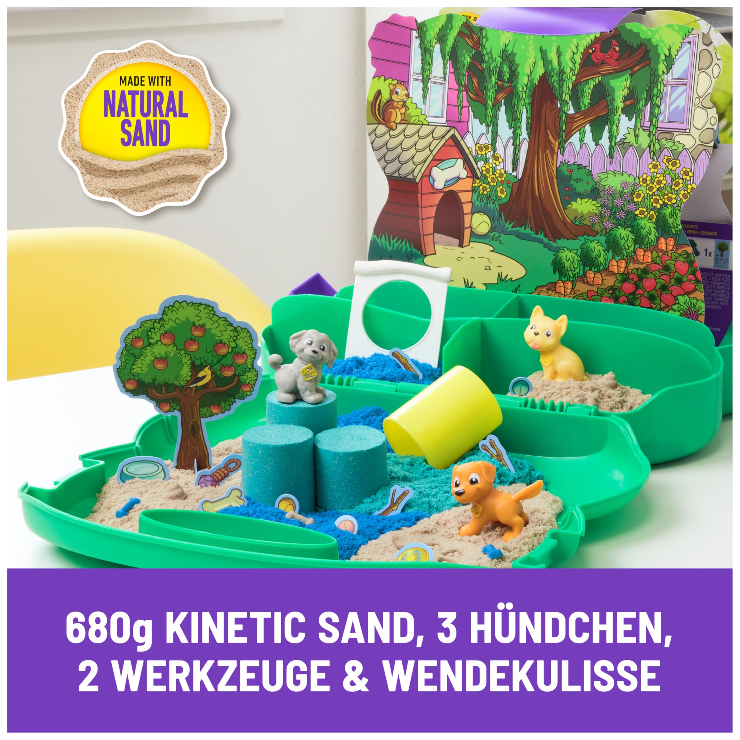 Kinetic Sand Hunde Park Koffer - mit 680 g original kinetischem Sand aus Schweden, erfüllt alle gesetzlichen Anfordreungen, mit 3 Hunden und 2 Werkzeugen, für Kinder ab 3 Jahren