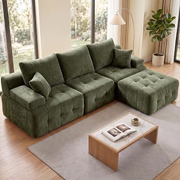 110" Cloud Sectional Couches for Living Room,Modern Convertible L-Shape Couch with Ottoman 3 Seater Chenille Fabric Comfy Cloud Couches with Movable Ottoman Green