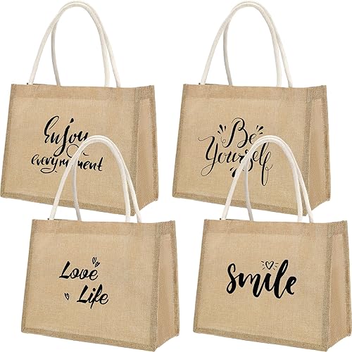 Sweetude 4 bolsas de regalo de agradecimiento para profesores para mujeres, bolsas de playa de yute con asas, reutilizables, impermeables, lindas