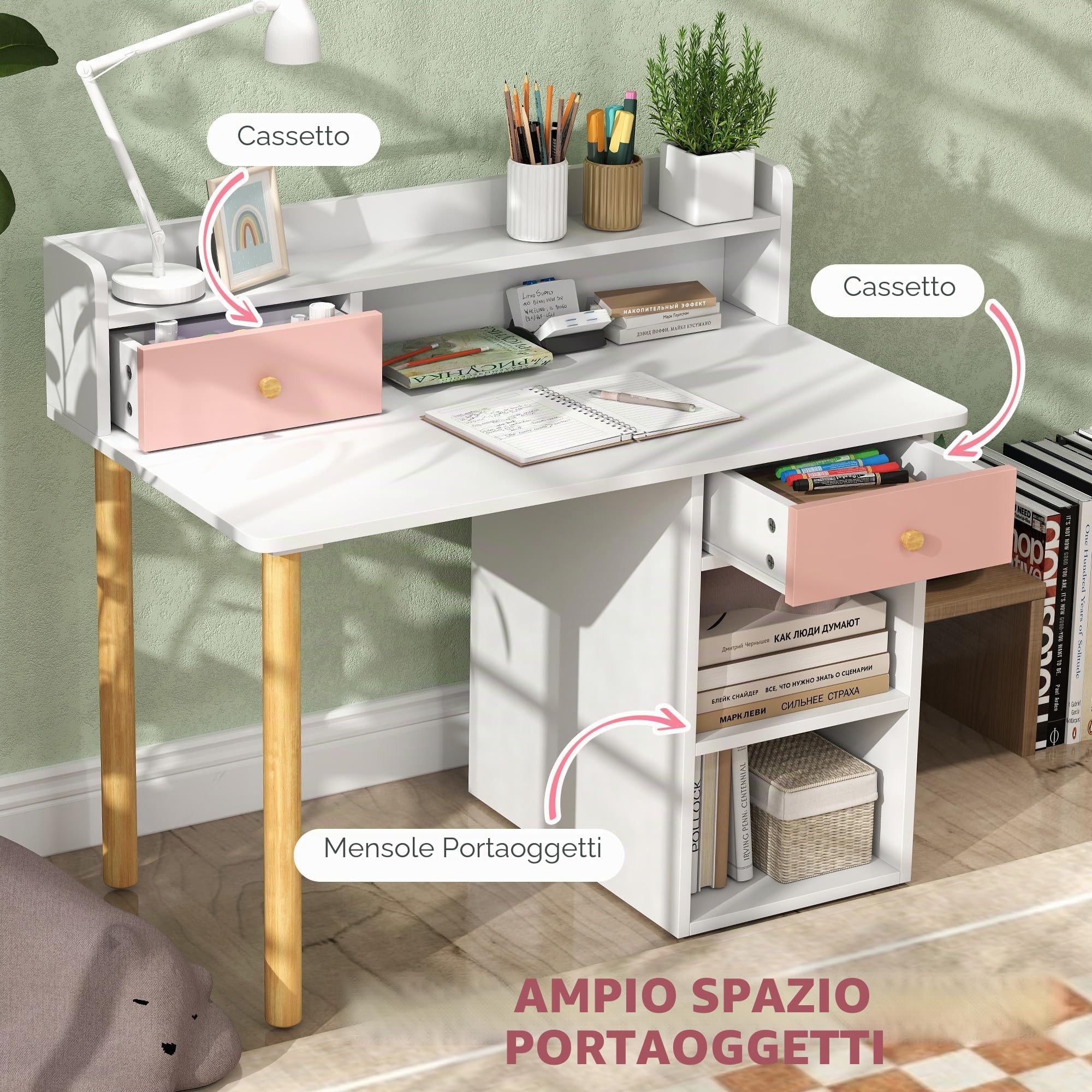 AIYAPLAY Set di scrivania e sedia per bambini +3 anni Scrivania per bambini con cassetti, scomparti e ripiani per la camera da letto e la sala studio Rosa e bianco
