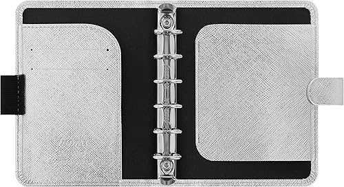 Miniatura 3 de Filofax Saffiano Organizador metálico, tamaño de bolsillo, plateado, grano cruzado, aspecto de cuero, cubierta de acabado metálico brillante, seis