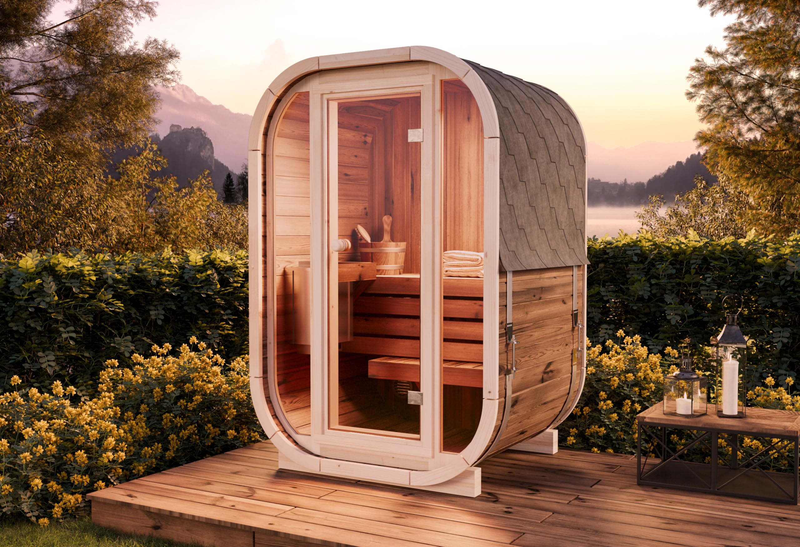 Fasssauna Ellipso S, Sauna d'Extérieur avec Couverture de Toit, Façade en Verre, 136 x 119 x 203 cm, 2 Personnes