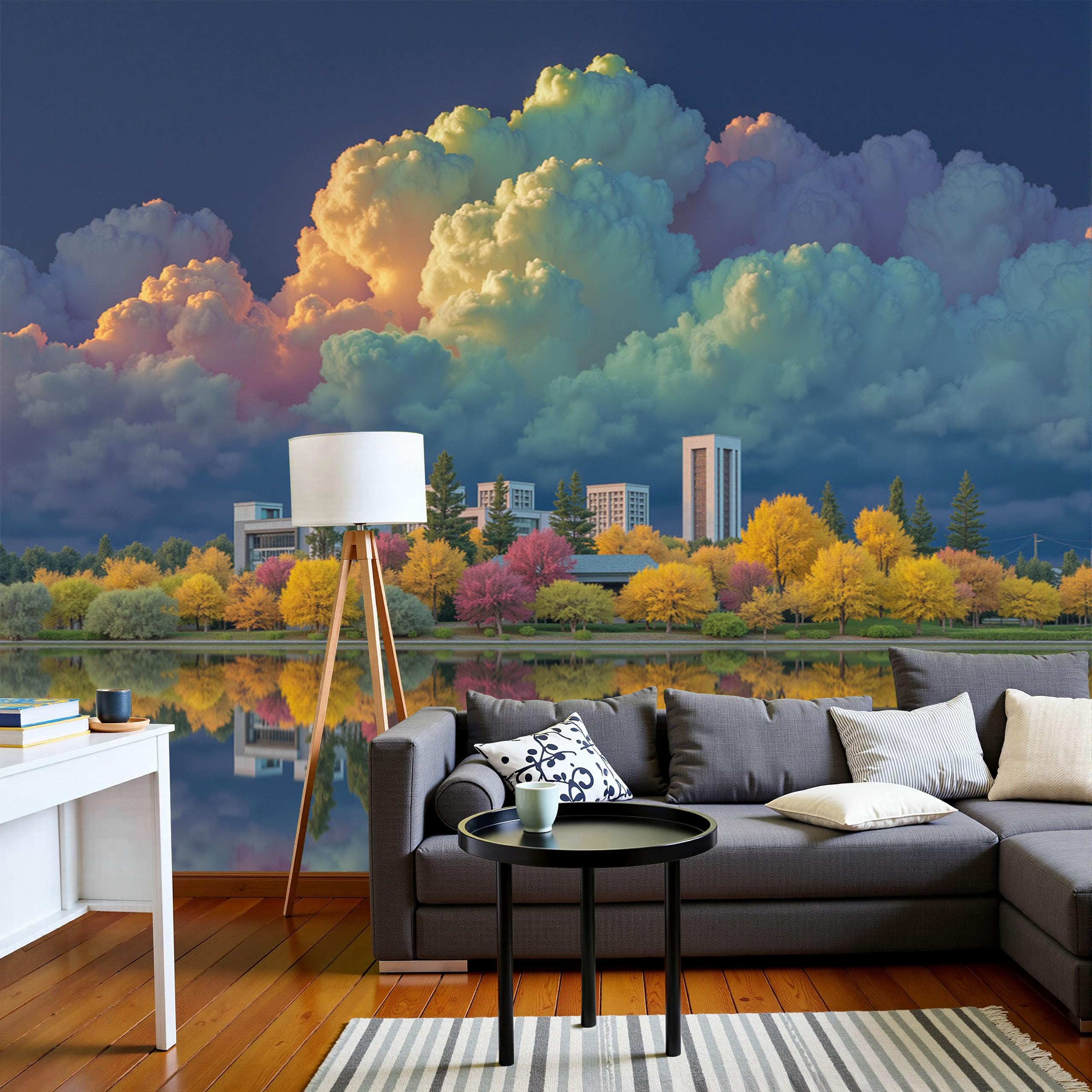 Papier Peint Mural Paysage De Forêt Urbaine : Poster Géant 3D Bleu-Vert 200X140 Pour Décoration Salon