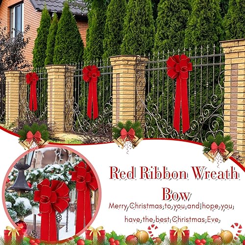 Miniatura 5 de Kigeli Lazo de Navidad grande de 10 x 26 pulgadas, hecho a mano, gran cinta de terciopelo rojo para exteriores, corona de Navidad, adorno para árbol