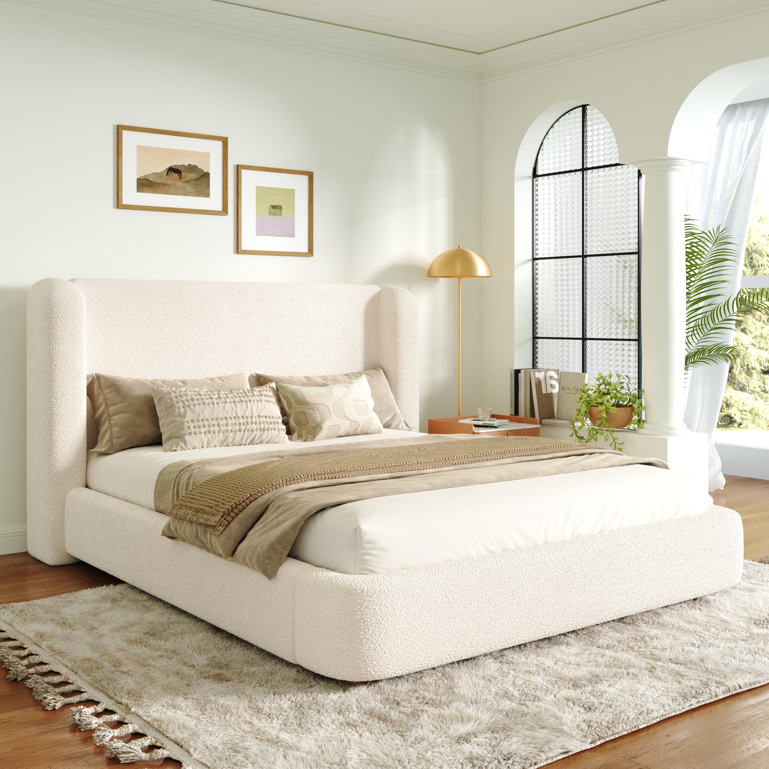 Mrwoo Cama Tapizada 160x200cm de Almacenamiento Hidráulico, Cama con Somier de Láminas, Bouclé, Beige (Cama Sin Colchón)