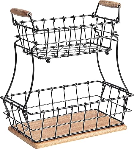 Miniatura 5 de SunnyPoint Cesta rectangular de alambre de 2 niveles para encimera de frutas color negro metal  base de madera