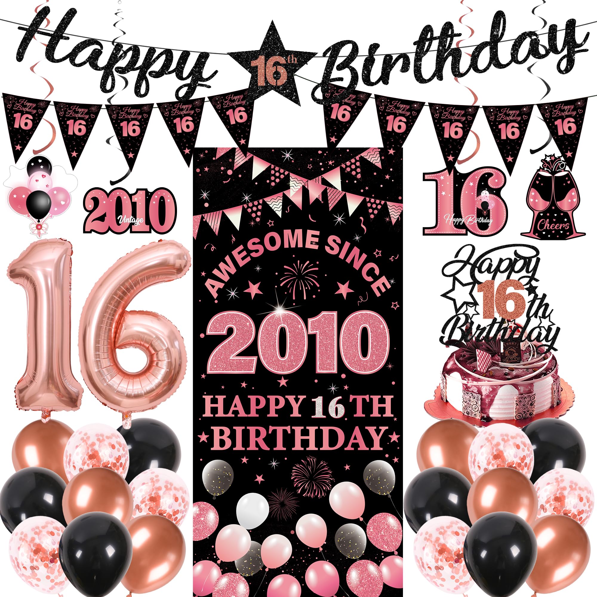 16th Birthday Decorations Girls Kit - 27 Pcs Black Rose Gold Happy 16th Birthday Banner Triangular Flag Hanging Swirls Backdrop Cake Topper 16 Balloon Set for 16 Years Old Party Decoration Supplies